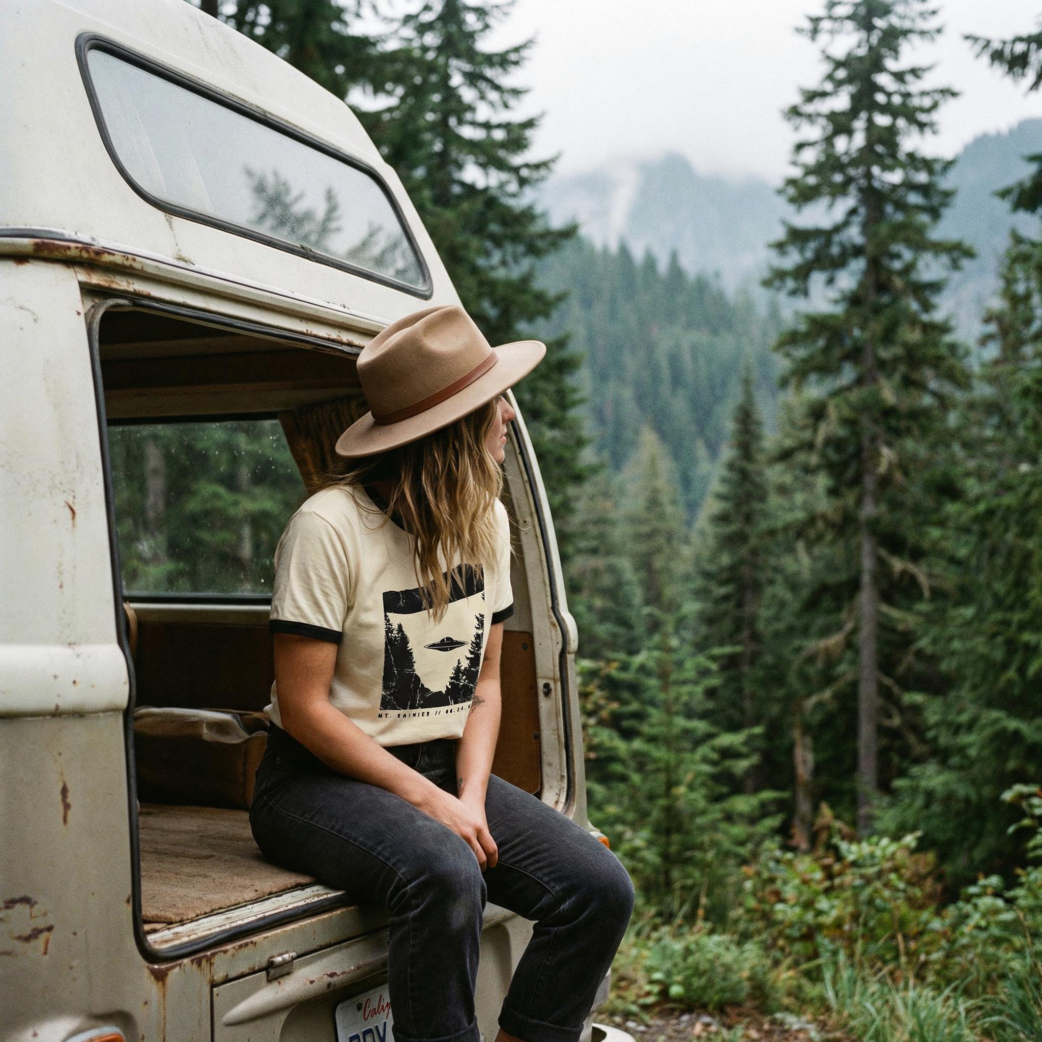 Mt Rainier 1947 UFO Incident Ringer Tee // Kenneth Arnold Flying Saucer Lore Shirt // Vintage Retro PNW Mystery Apparel