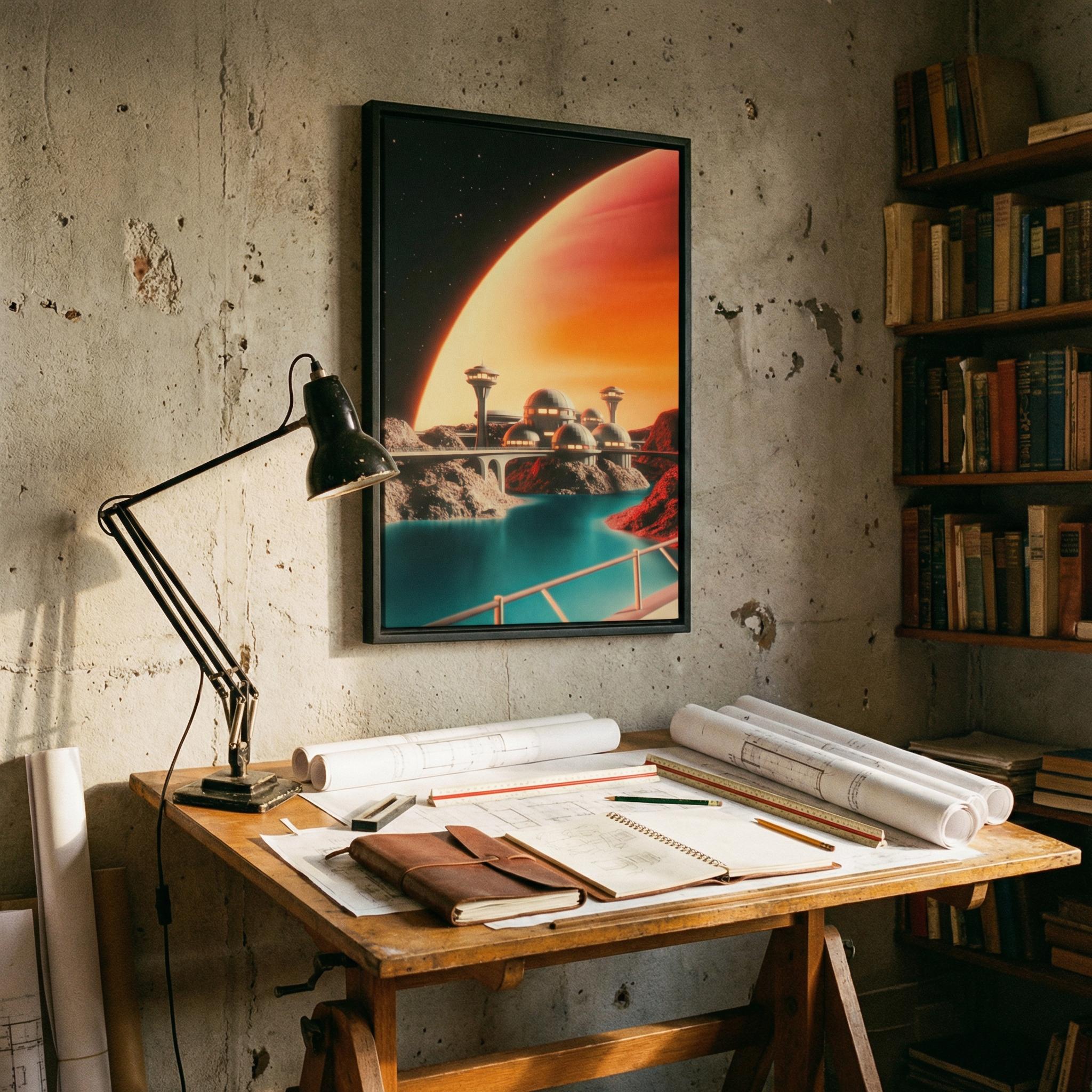 DIGITAL DOWNLOAD: Googie City on the Moon of a Gas Giant - Retro-Futurist Framed Canvas Print | Vintage Sci-Fi Art