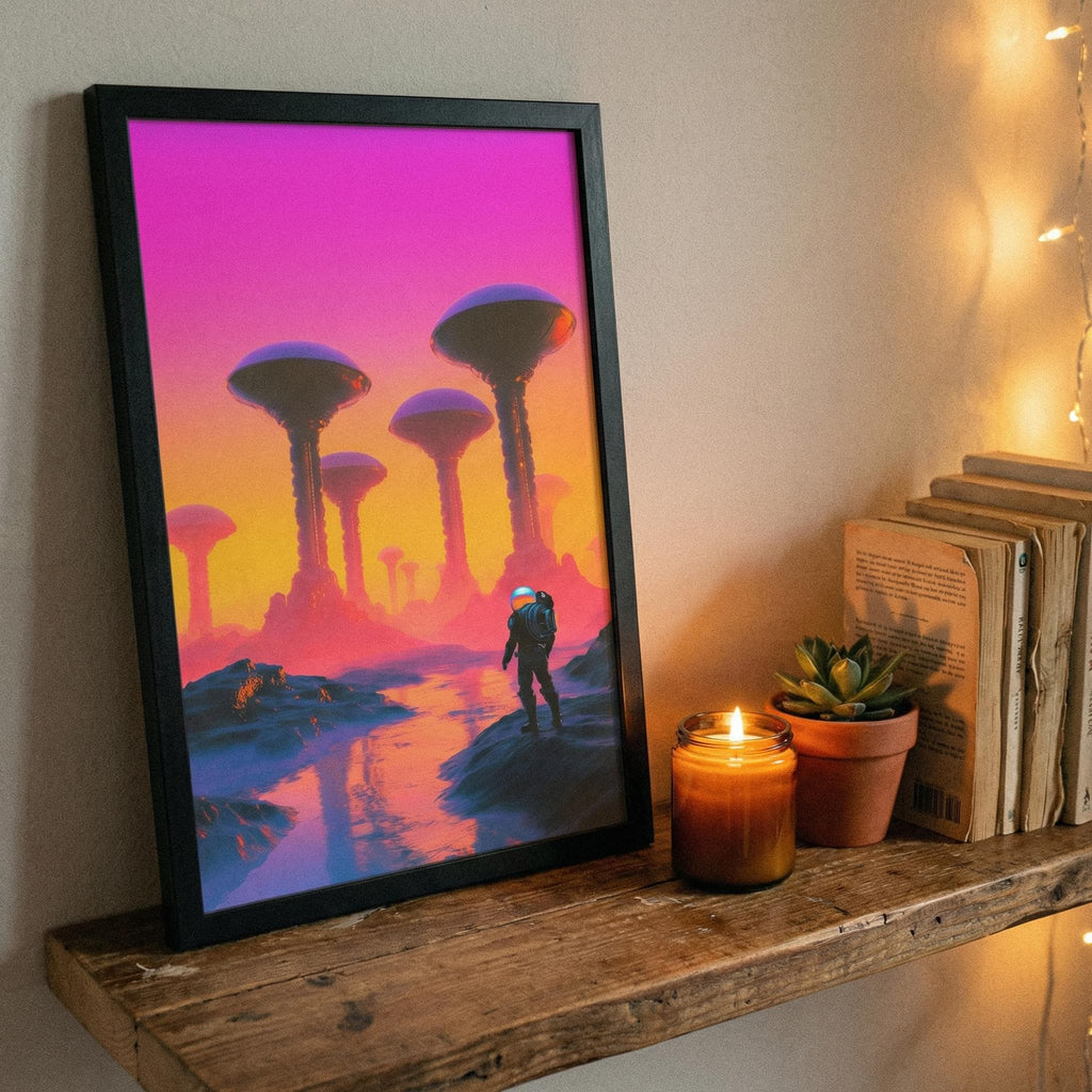 Expedition to the Neon Shores — Retro-Futuristic Pulp Sci-Fi Framed Poster