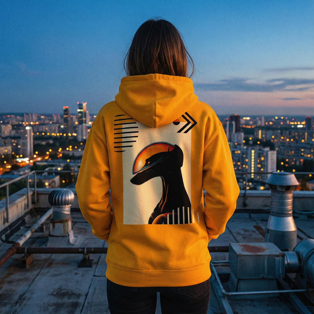 Retro Sci-Fi Astro Hound Hoodie | Golden Yellow Graphic Streetwear | Orbital Archive Heavyweight Hoodie