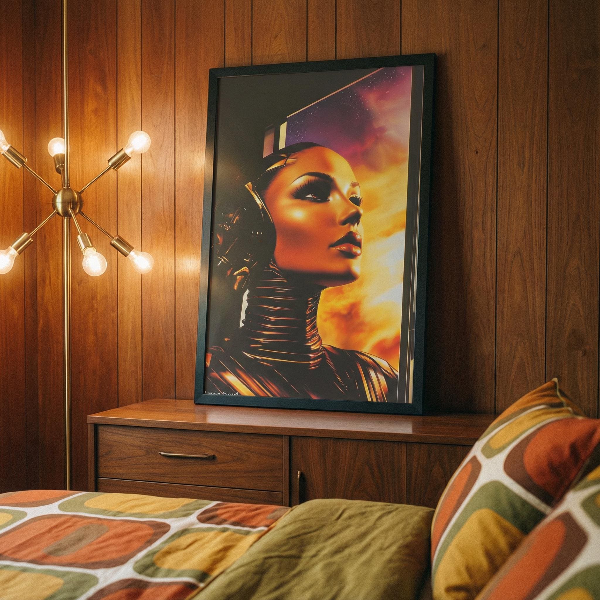 Glamour in Peril Girl – No. 04 Retro-Futurist Framed Art Print, Vintage 1960s Sci-Fi Android Poster, Mid-Century Space Age Decor