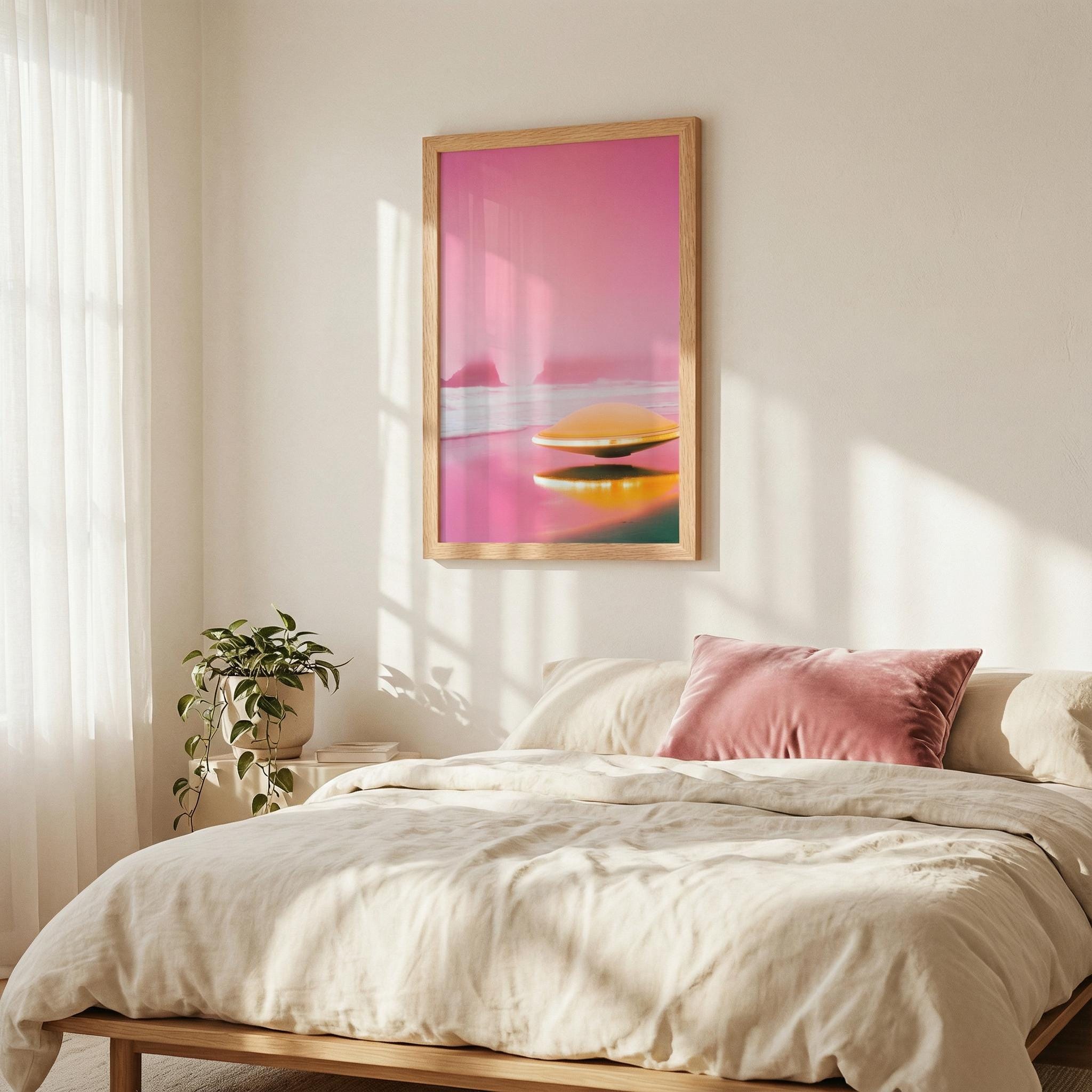 Pink Horizon UFO - Retro 60s Sci-Fi Framed Poster - Surreal Alien Beach Art