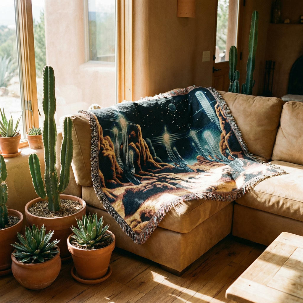 Retro Pixel Alien Landscape Woven Blanket | Sci-Fi Desert Night Throw