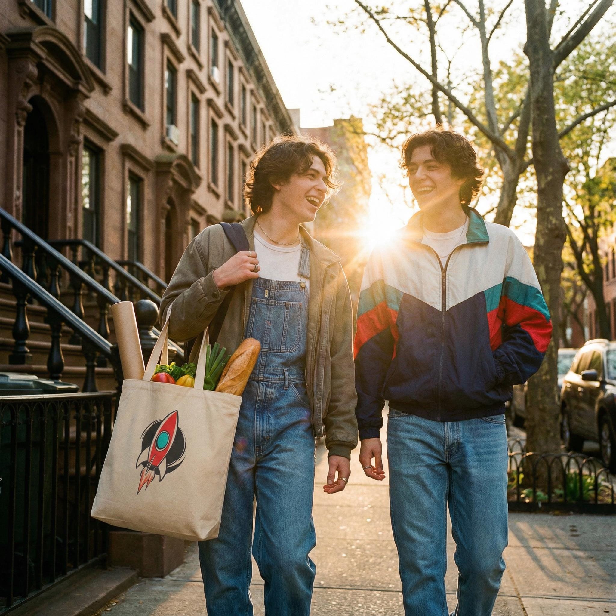 Organic Cotton Sci-Fi Eco Tote Bag, Retro Rocket Space Age Shoulder Bag, Eco-Friendly "Orbital Archive" Graphic Tote