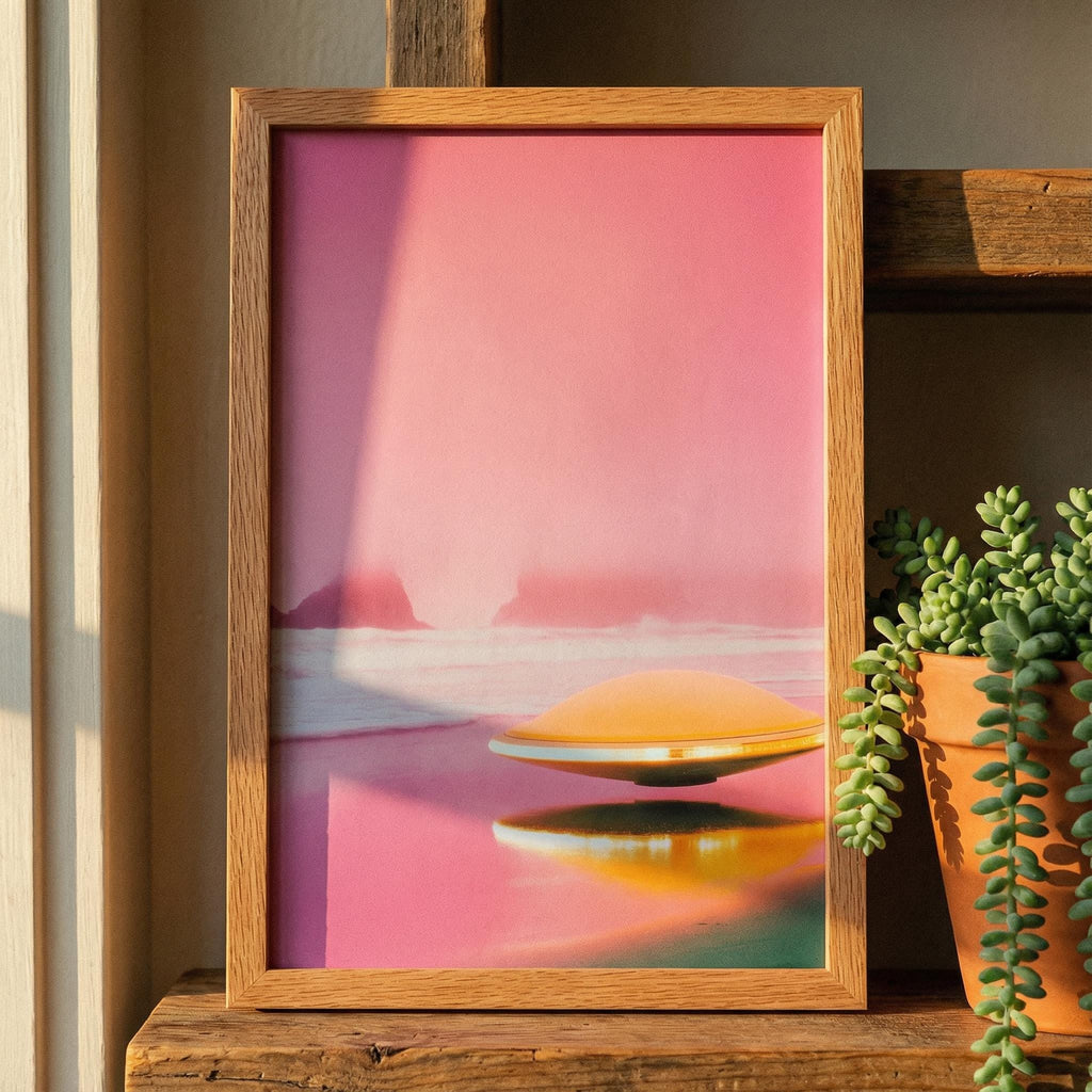 DIGITAL DOWNLOAD: Pink Horizon UFO - Retro 60s Sci-Fi Poster - Surreal Alien Beach Art