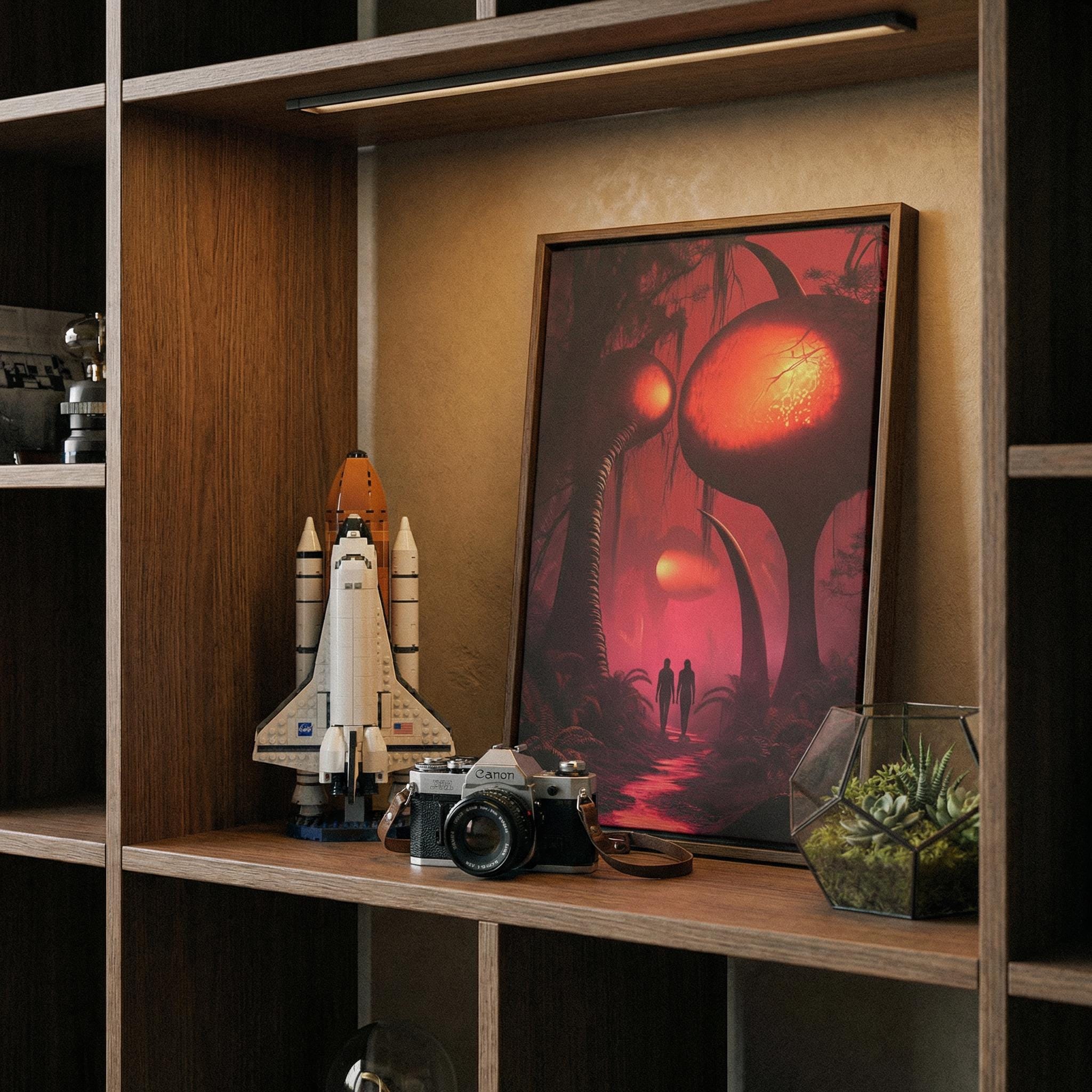 Path Through the Alien Wood Framed Canvas // Surreal Sci-Fi Nature Art // Ethereal Crimson Forest Wall Decor // Orbital Archive Series