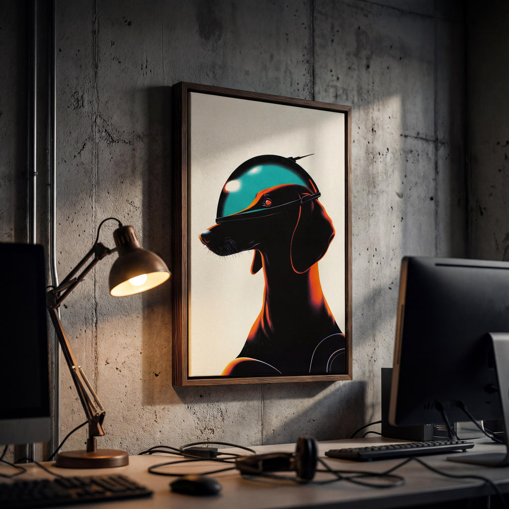 DIGITAL DOWNLOAD: Cyber-Dachshund - Orbital Archive No. 87 // Retro-Futurist Print, Sci-Fi Canine Wall Art, Mid-Century Noir Decor