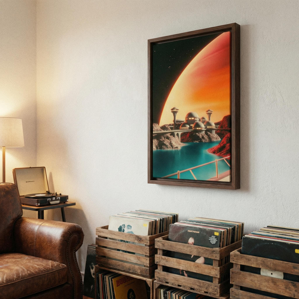 DIGITAL DOWNLOAD: Googie City on the Moon of a Gas Giant - Retro-Futurist Framed Canvas Print | Vintage Sci-Fi Art