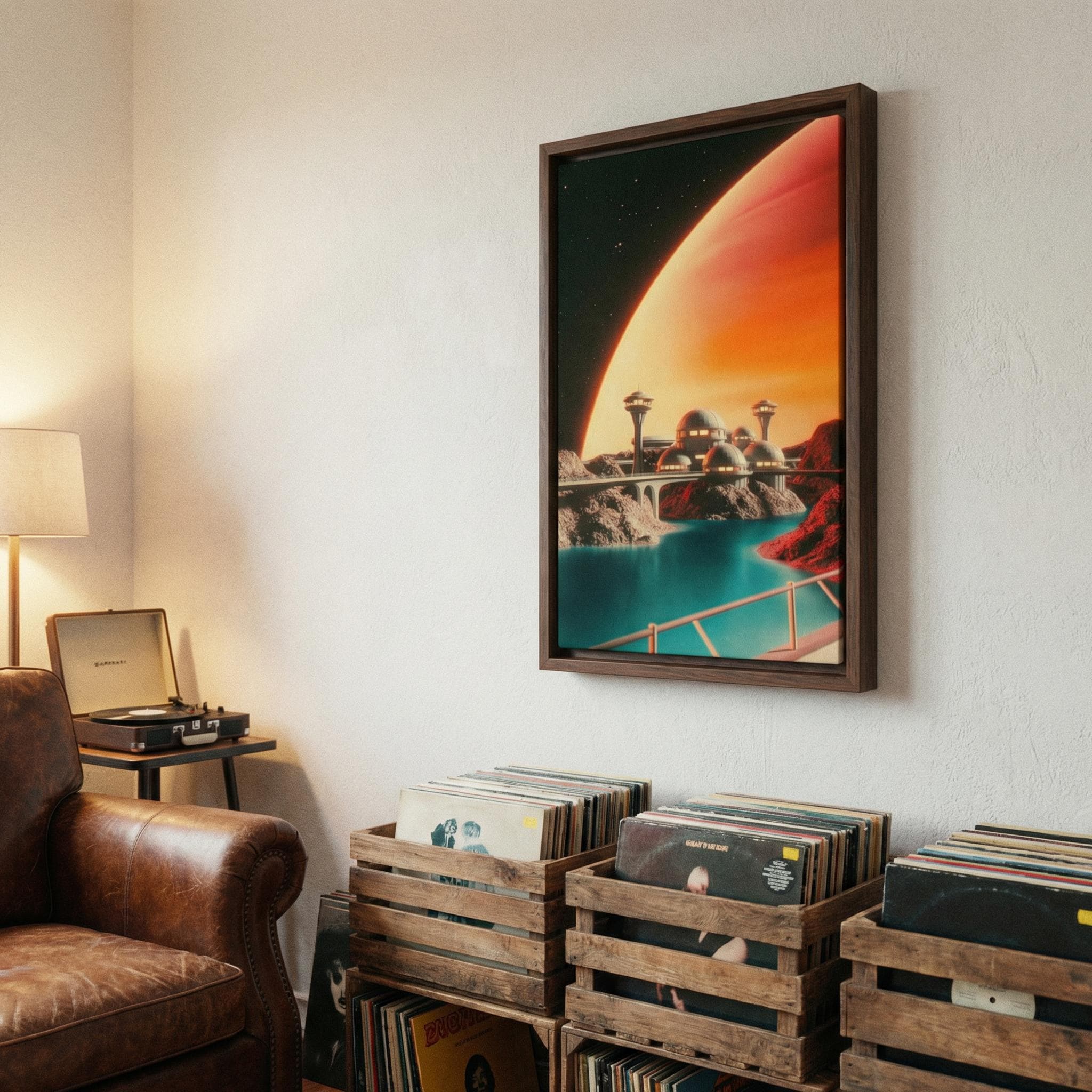 DIGITAL DOWNLOAD: Googie City on the Moon of a Gas Giant - Retro-Futurist Framed Canvas Print | Vintage Sci-Fi Art