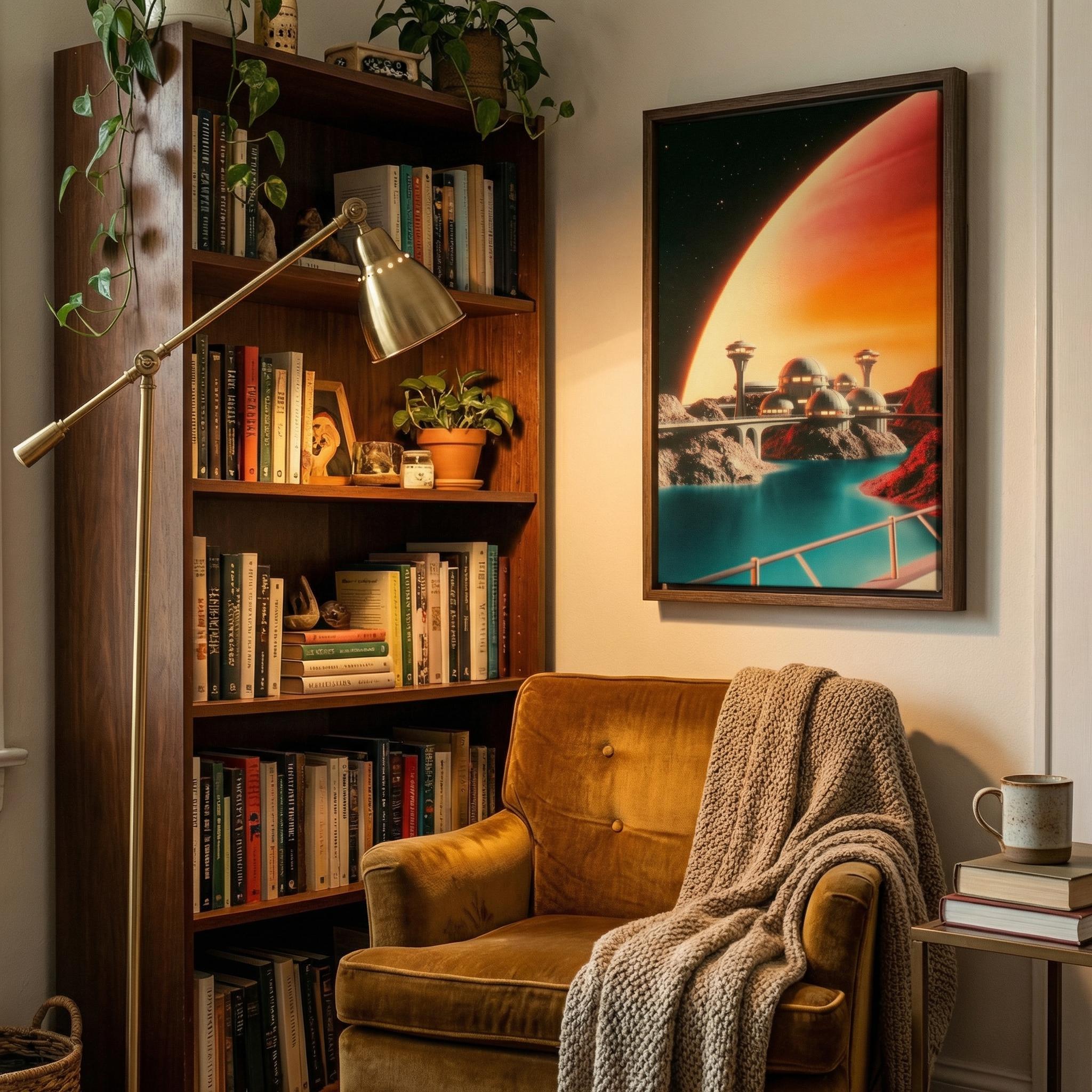 DIGITAL DOWNLOAD: Googie City on the Moon of a Gas Giant - Retro-Futurist Framed Canvas Print | Vintage Sci-Fi Art