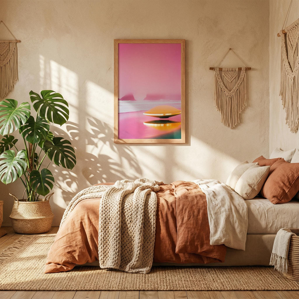 DIGITAL DOWNLOAD: Pink Horizon UFO - Retro 60s Sci-Fi Poster - Surreal Alien Beach Art