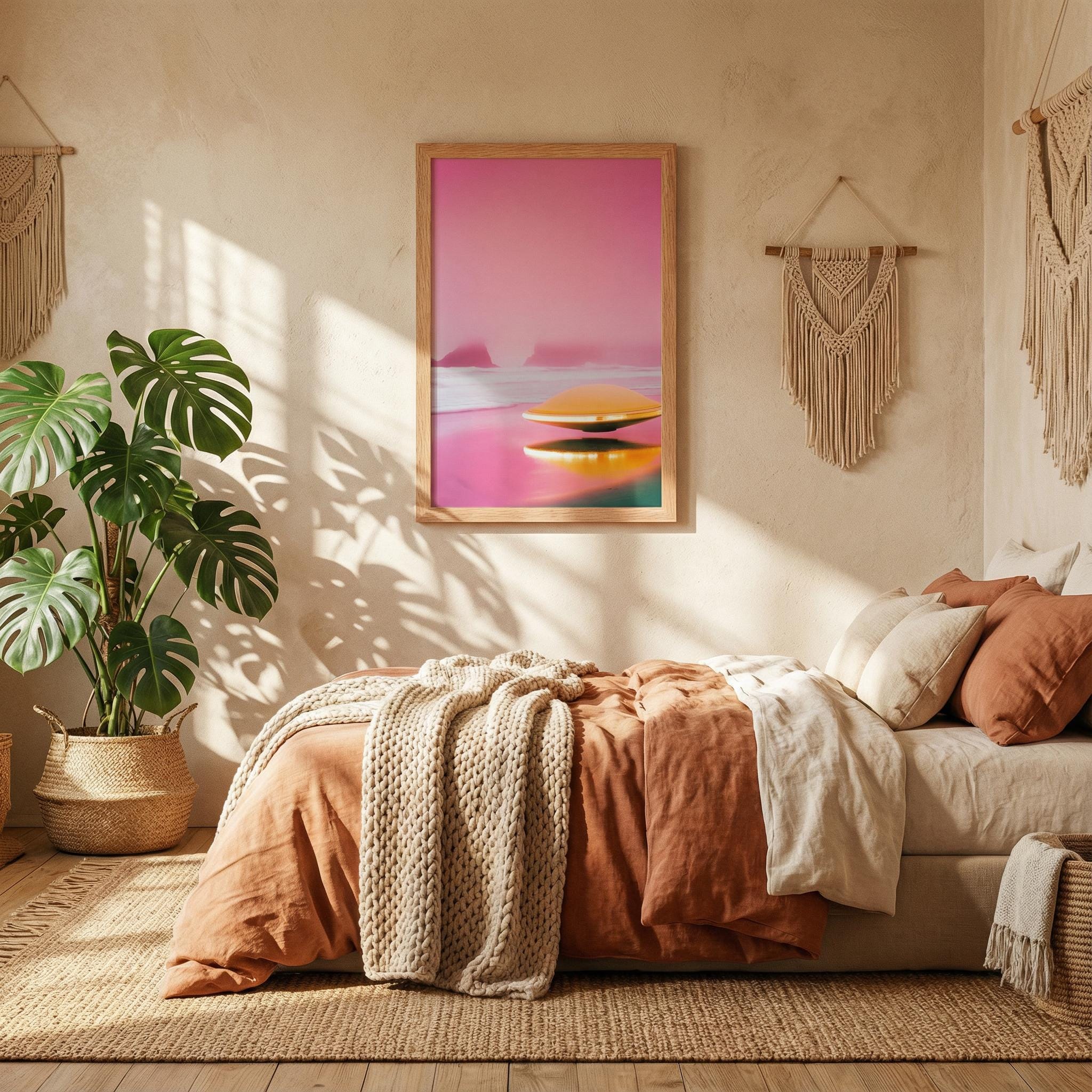 DIGITAL DOWNLOAD: Pink Horizon UFO - Retro 60s Sci-Fi Poster - Surreal Alien Beach Art