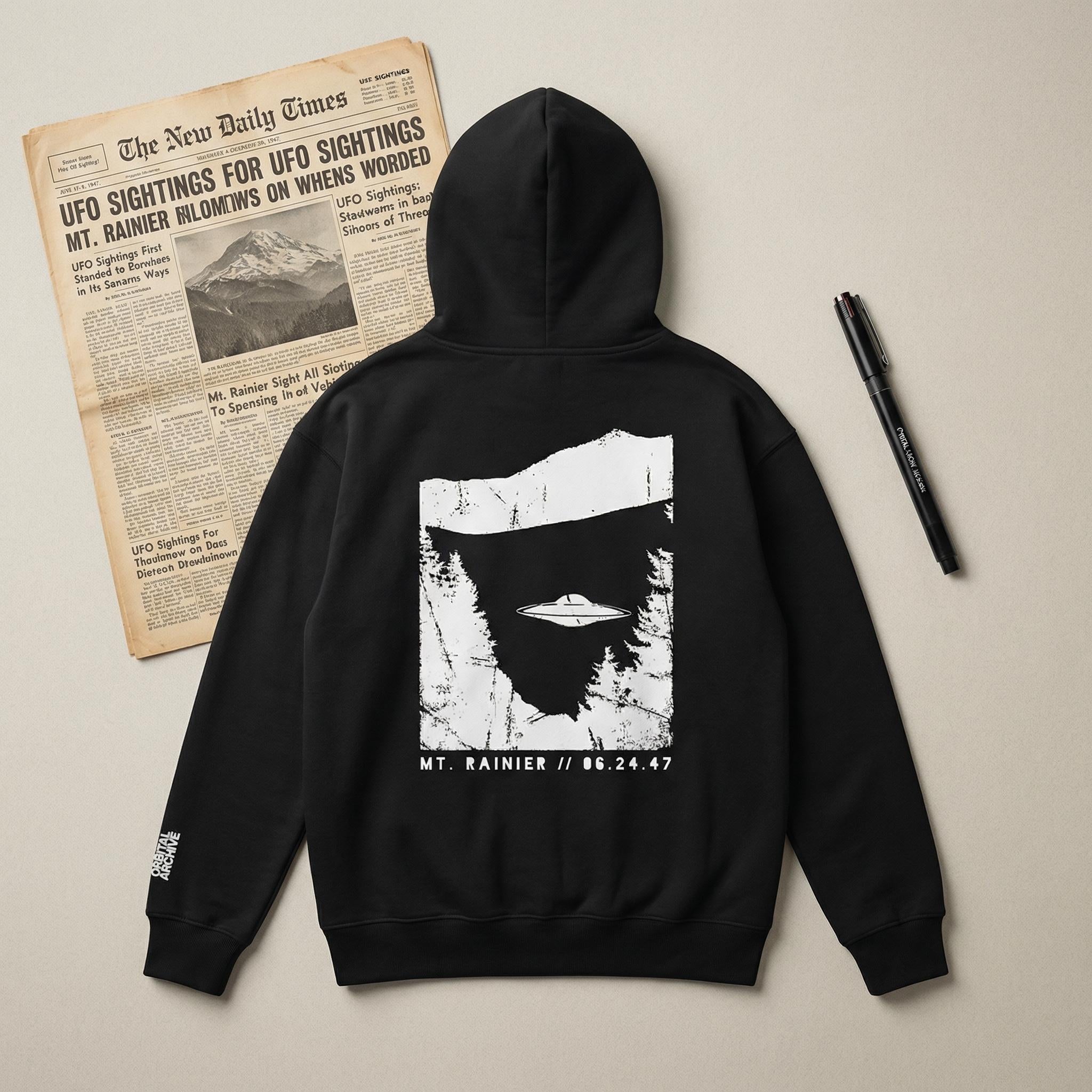 Mt. Rainier 1947 UFO Incident Oversized Hoodie // Kenneth Arnold Flying Saucer Lore // Gorpcore NASA Artemis II Moon Mission 2026 Sweatshirt