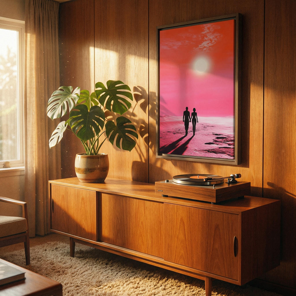 DIGITAL DOWNLOAD: Sunset Stroll on the Crimson Sands // Surreal Sci-Fi Romantic Art // Retro-Futuristic Wall Decor