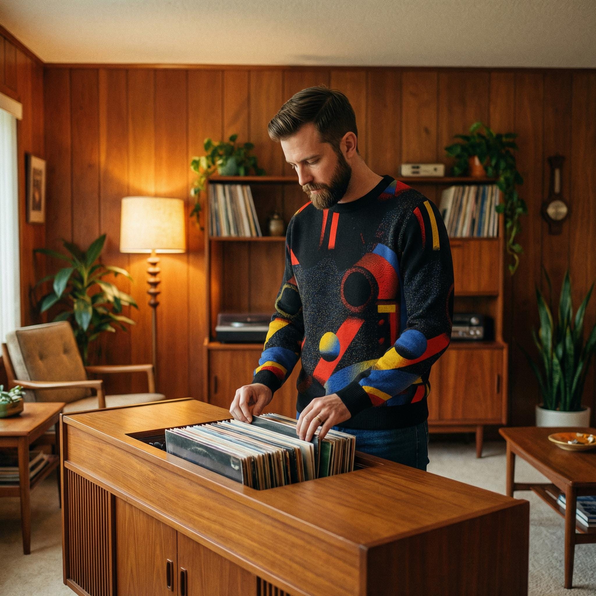 Minoan Abstract Retro-Futurist Jacquard Sweater — Ancient Future Geometric Knit Pullover
