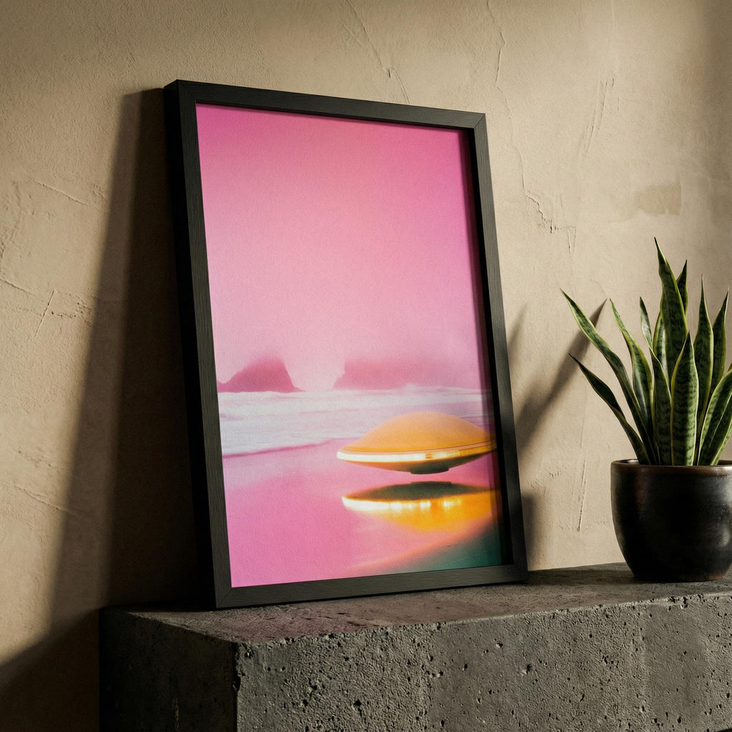 DIGITAL DOWNLOAD: Pink Horizon UFO - Retro 60s Sci-Fi Poster - Surreal Alien Beach Art