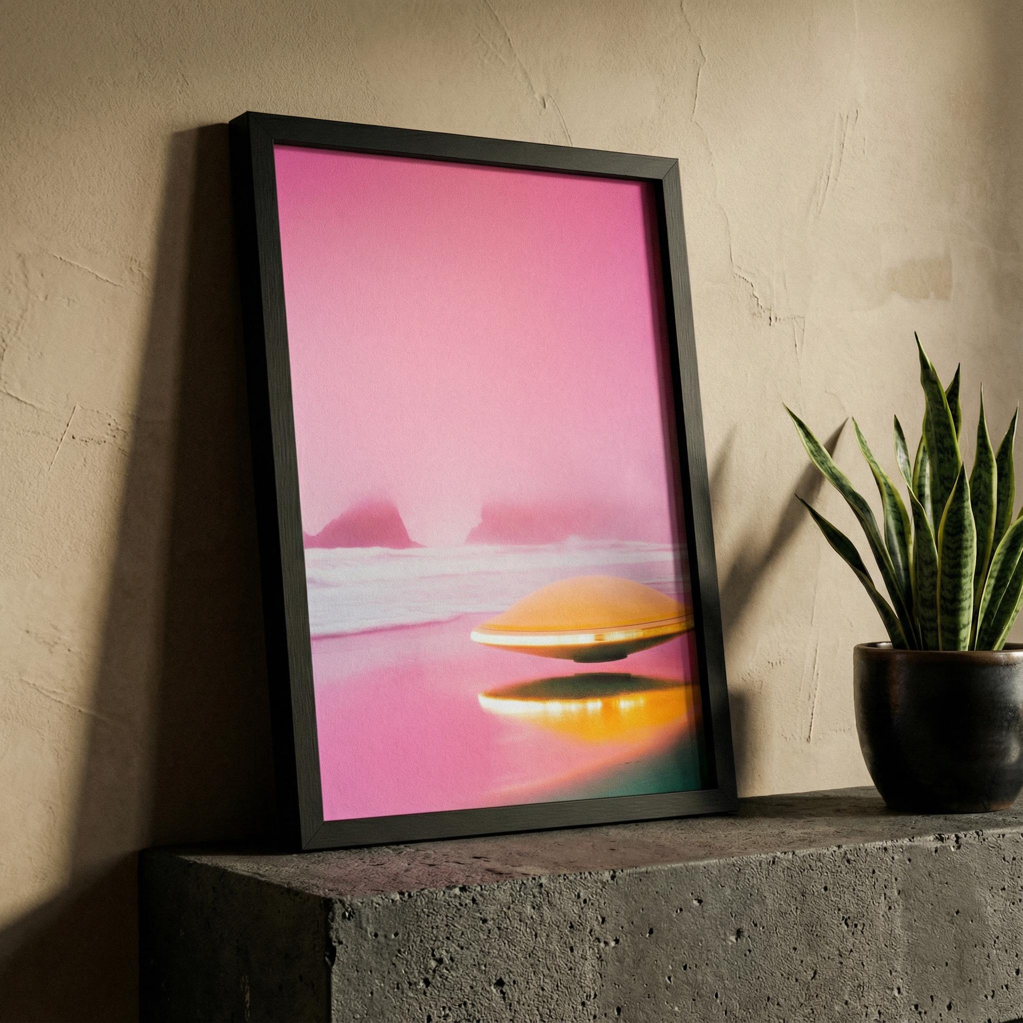 DIGITAL DOWNLOAD: Pink Horizon UFO - Retro 60s Sci-Fi Poster - Surreal Alien Beach Art