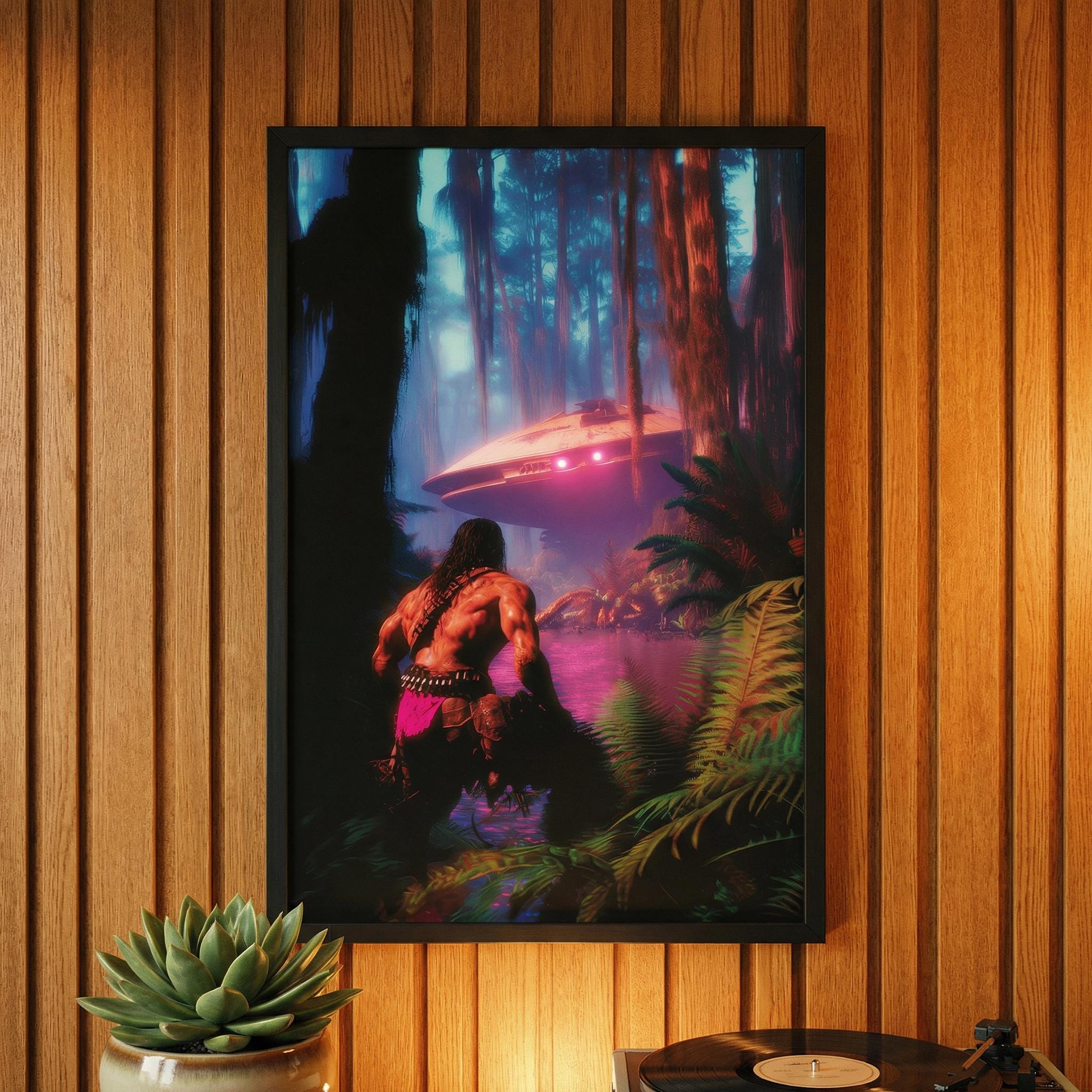 Savage Land UFO Discovery Framed Poster // Prehistoric Jungle Crash Site Art // Vintage Pulp Sci-Fi Space Explorer Wall Decor