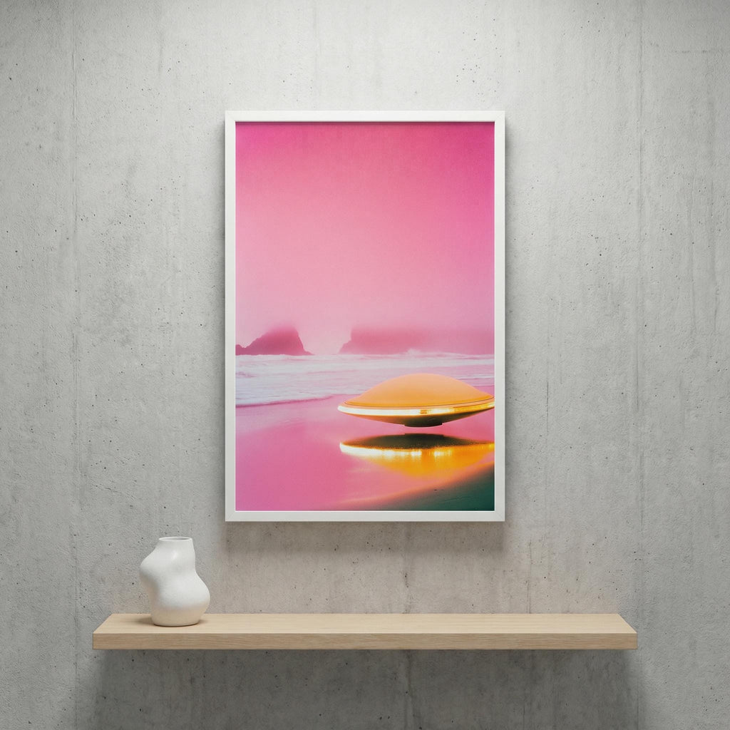 DIGITAL DOWNLOAD: Pink Horizon UFO - Retro 60s Sci-Fi Poster - Surreal Alien Beach Art