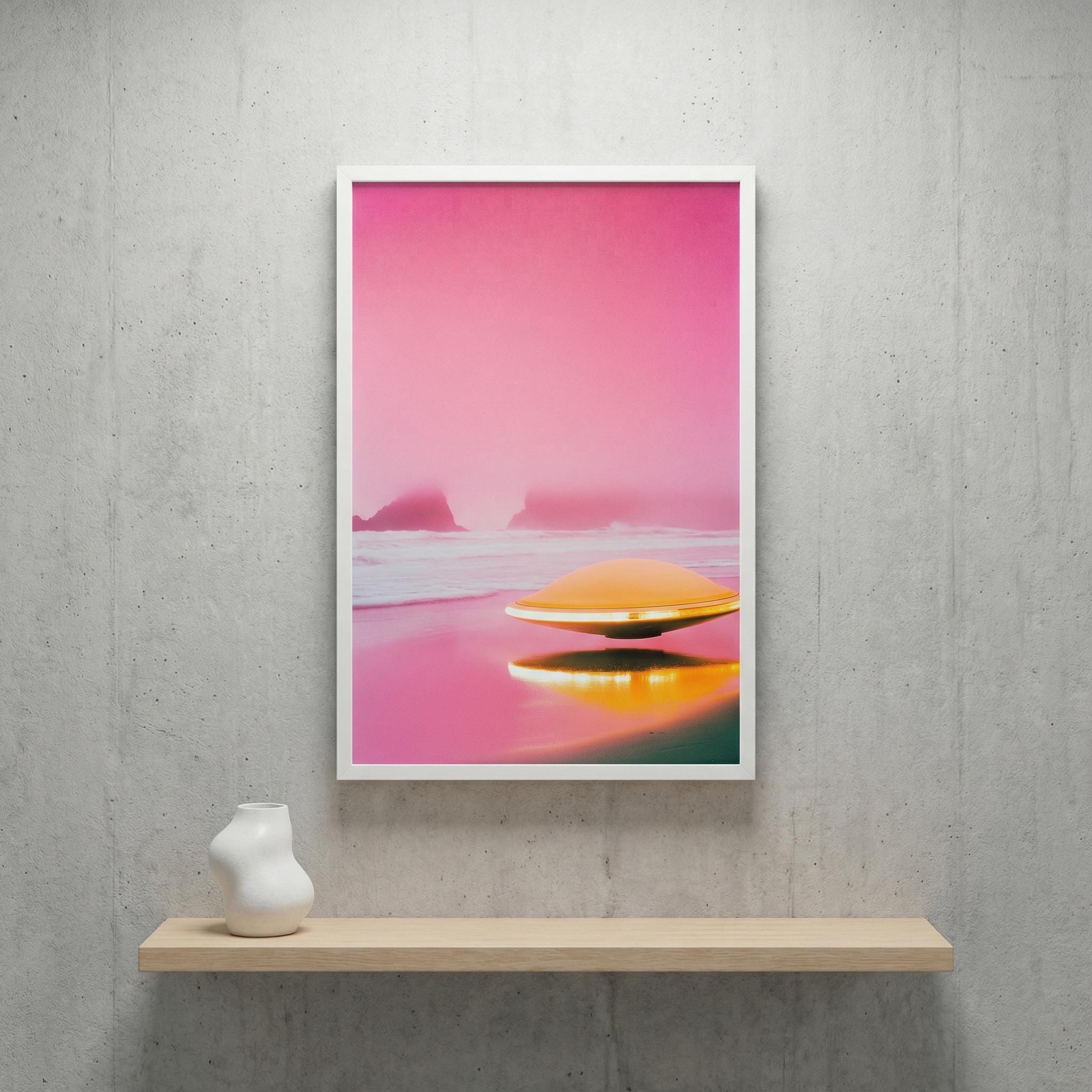 DIGITAL DOWNLOAD: Pink Horizon UFO - Retro 60s Sci-Fi Poster - Surreal Alien Beach Art