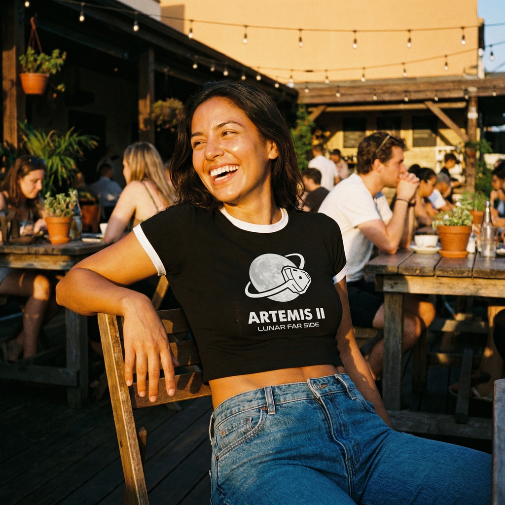 Artemis II Moon Mission Women's Cropped Ringer Tee // Lunar Far Side Trajectory // 2026 NASA Orion Crewed Flight // Retro 70s Style Space Shirt