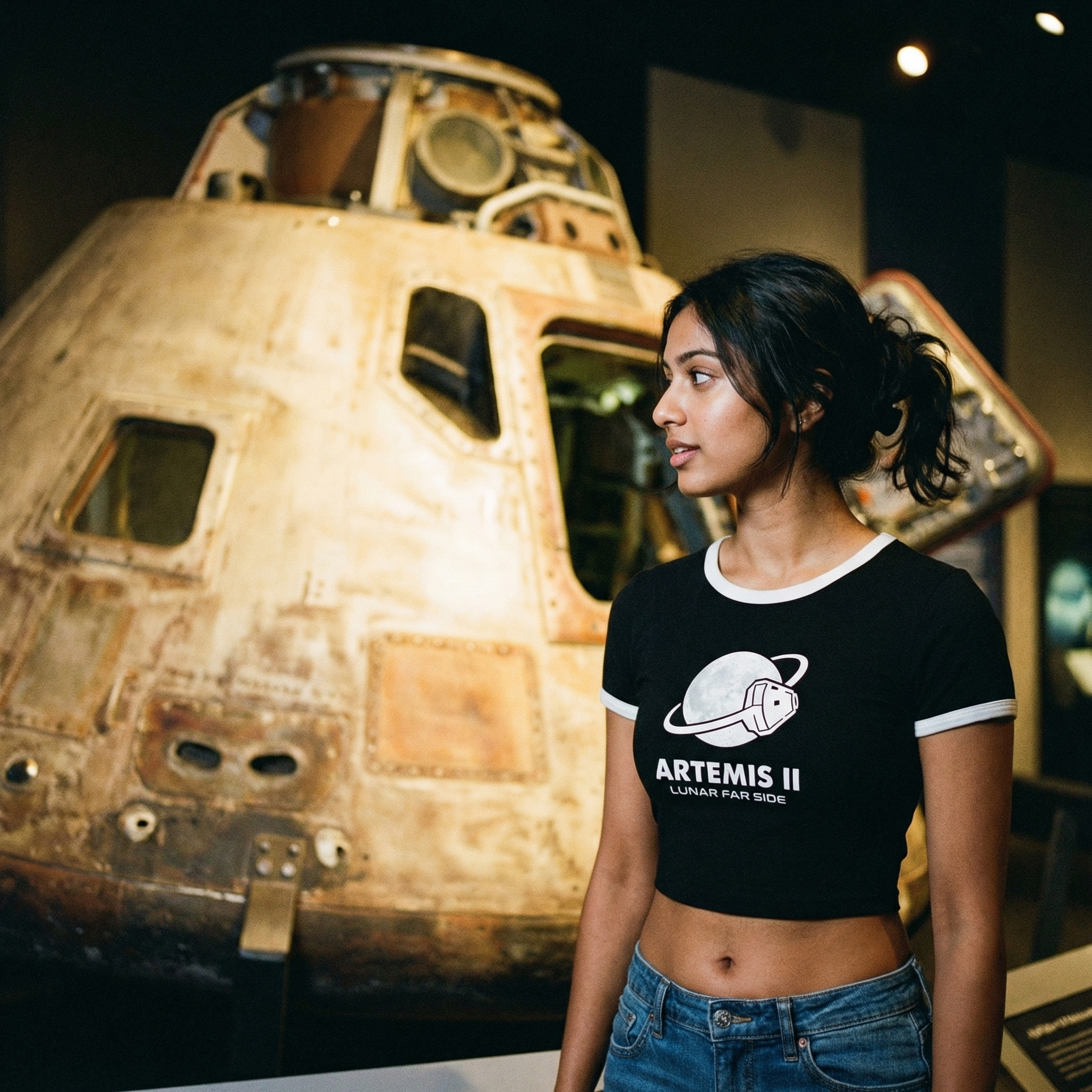 Artemis II Moon Mission Women's Cropped Ringer Tee // Lunar Far Side Trajectory // 2026 NASA Orion Crewed Flight // Retro 70s Style Space Shirt