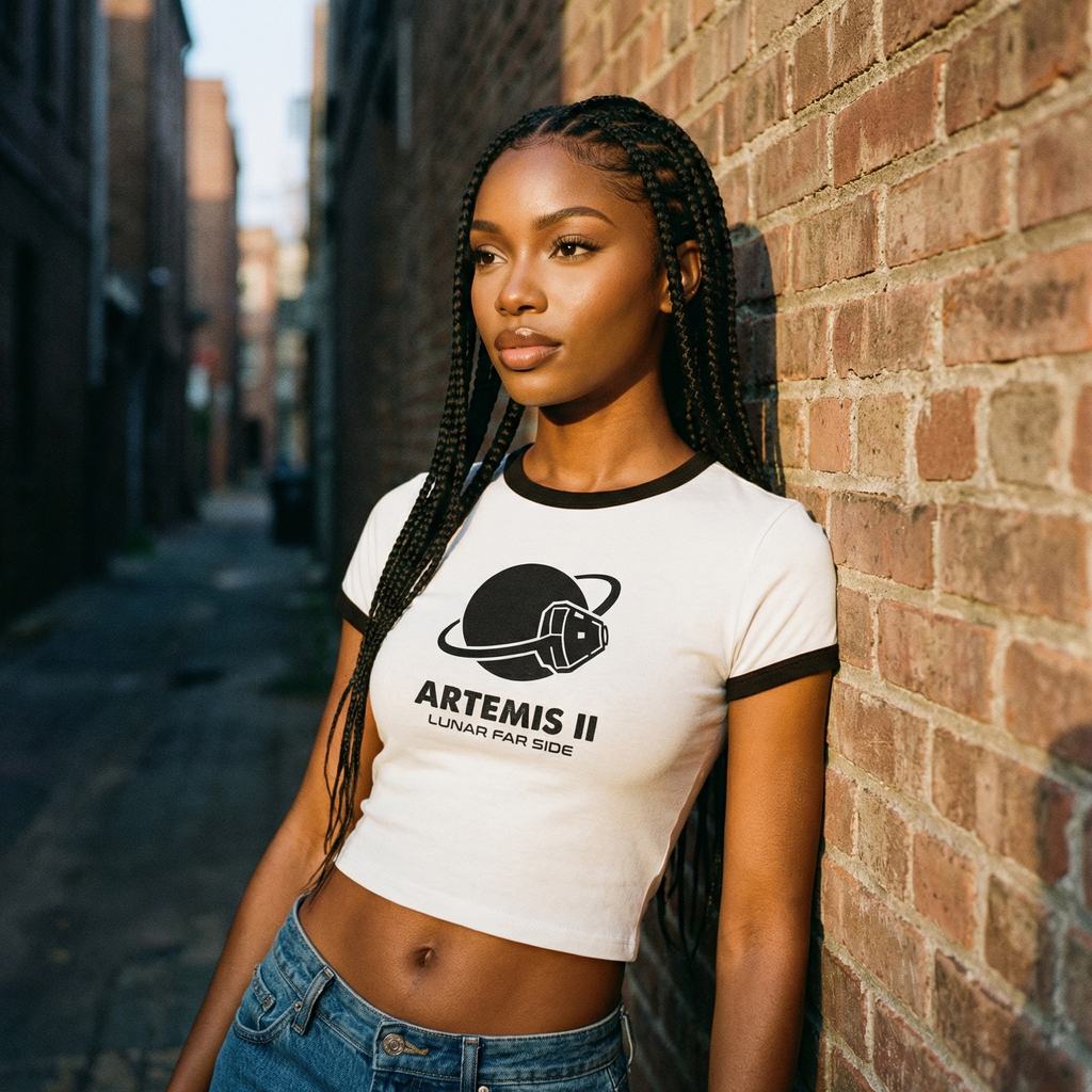 Artemis II Moon Mission Women's Cropped Ringer Tee // Lunar Far Side Trajectory // 2026 NASA Orion Crewed Flight // Retro 70s Style Space Shirt