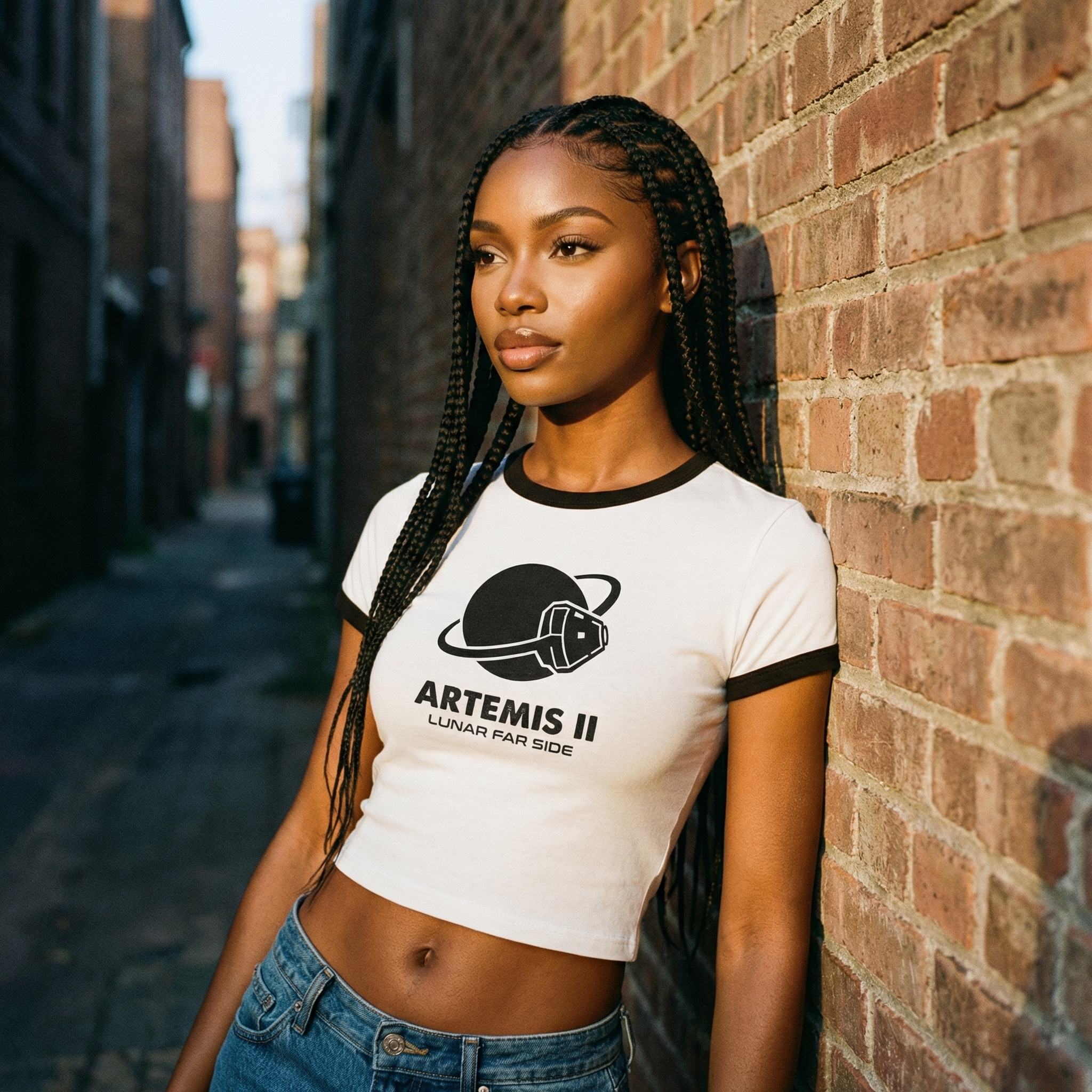 Artemis II Moon Mission Women's Cropped Ringer Tee // Lunar Far Side Trajectory // 2026 NASA Orion Crewed Flight // Retro 70s Style Space Shirt