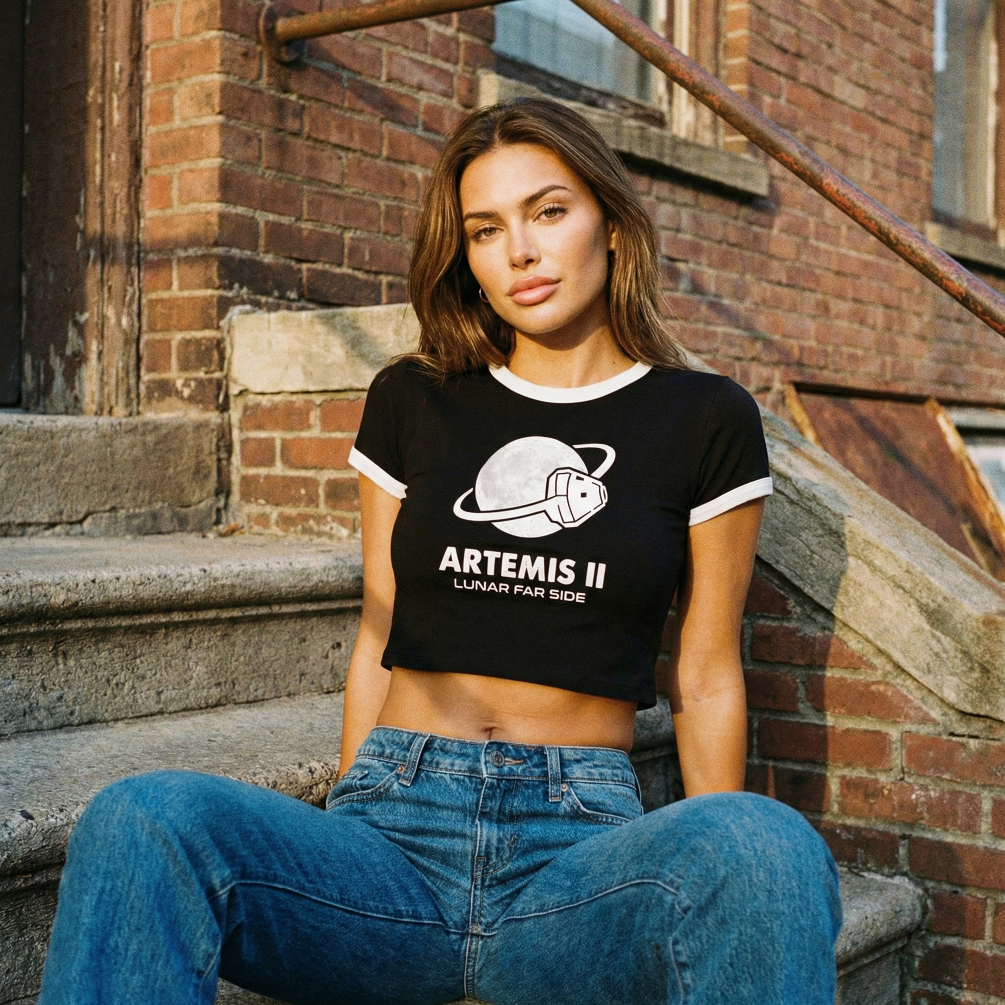 Artemis II Moon Mission Women's Cropped Ringer Tee // Lunar Far Side Trajectory // 2026 NASA Orion Crewed Flight // Retro 70s Style Space Shirt