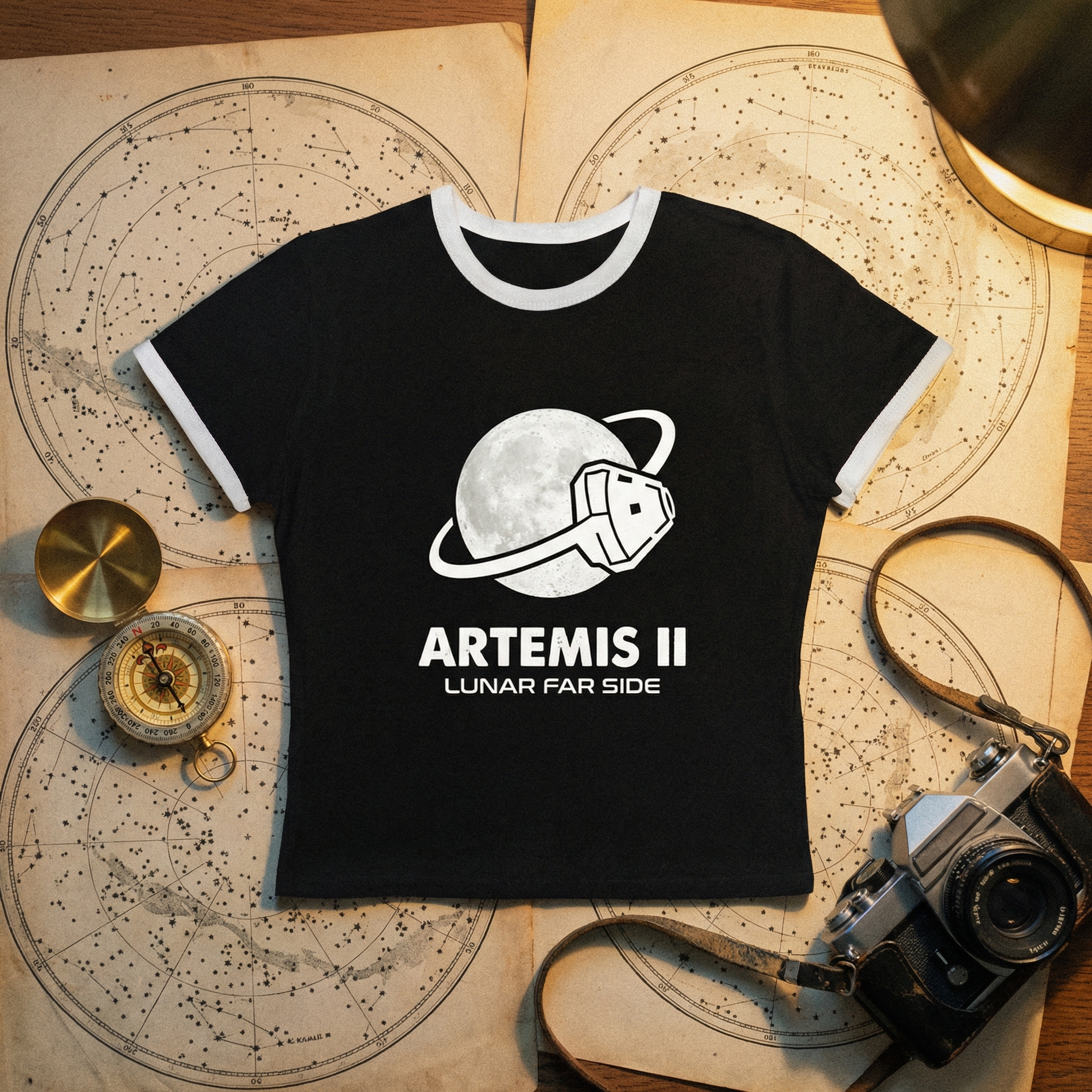 Artemis II Moon Mission Women's Cropped Ringer Tee // Lunar Far Side Trajectory // 2026 NASA Orion Crewed Flight // Retro 70s Style Space Shirt