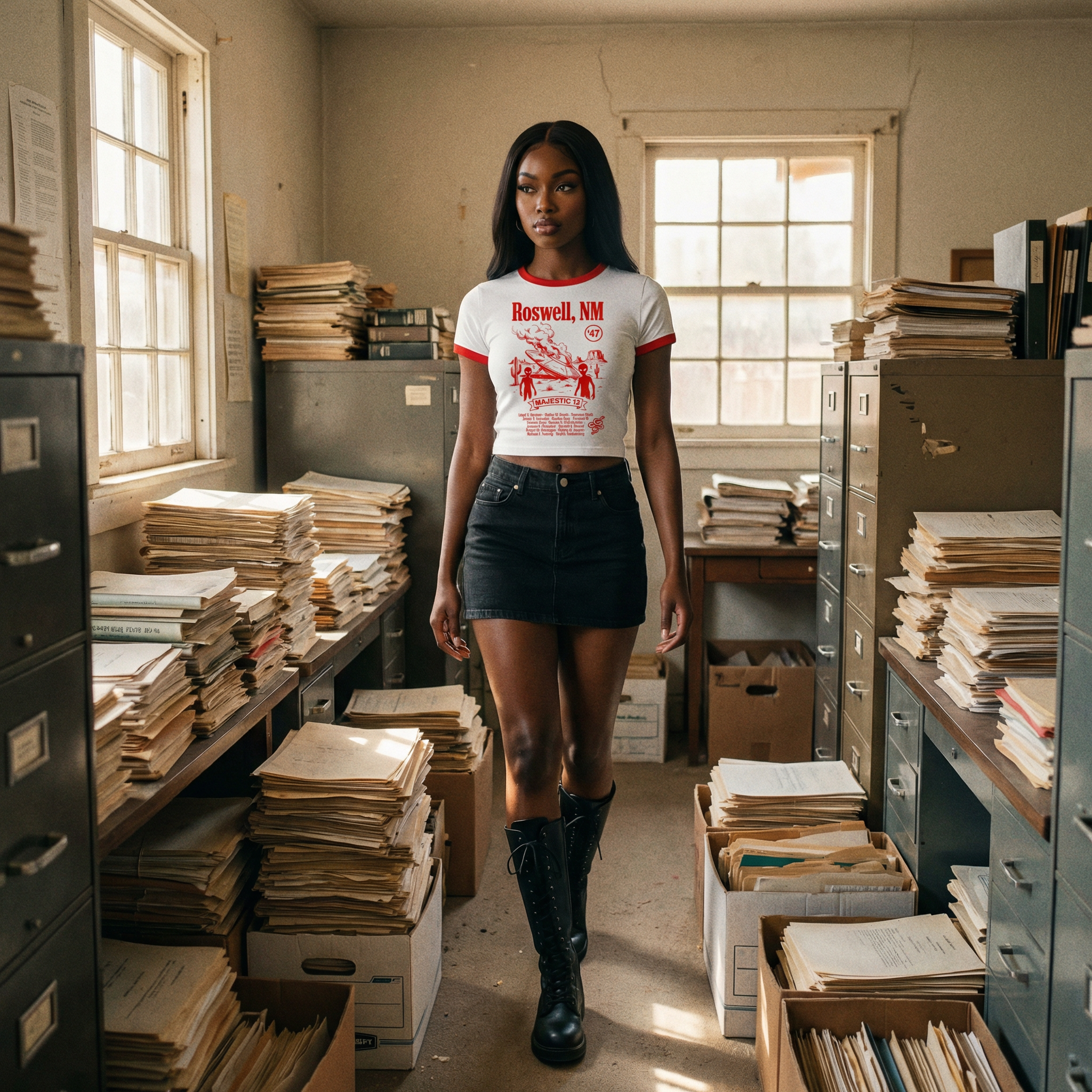 Roswell UFO Retro Flying Saucer Cropped Women's Ringer Tee | Alien Saucer Graphic Tee