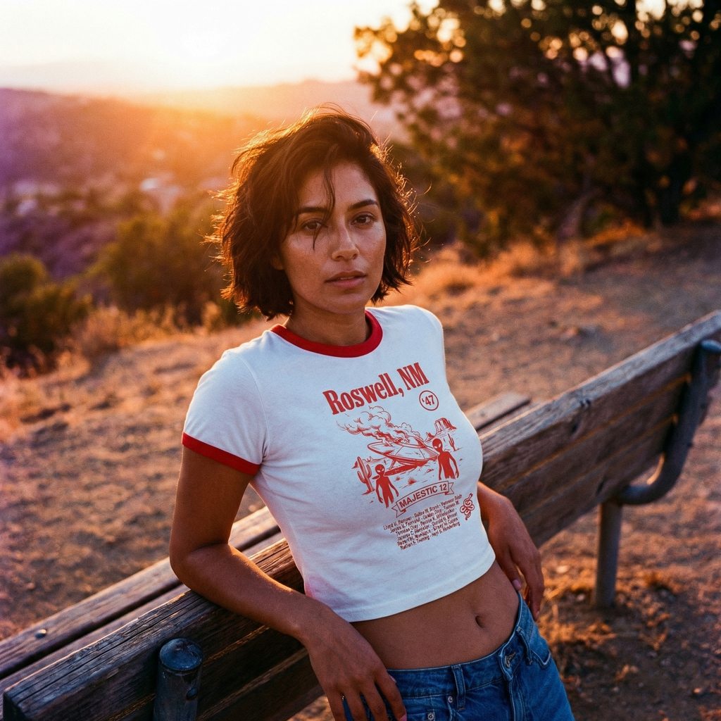 Roswell UFO Retro Flying Saucer Cropped Women's Ringer Tee | Alien Saucer Graphic Tee