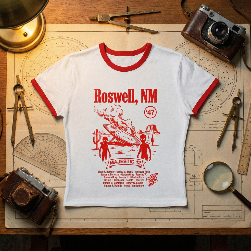 Roswell UFO Retro Flying Saucer Cropped Women's Ringer Tee | Alien Saucer Graphic Tee