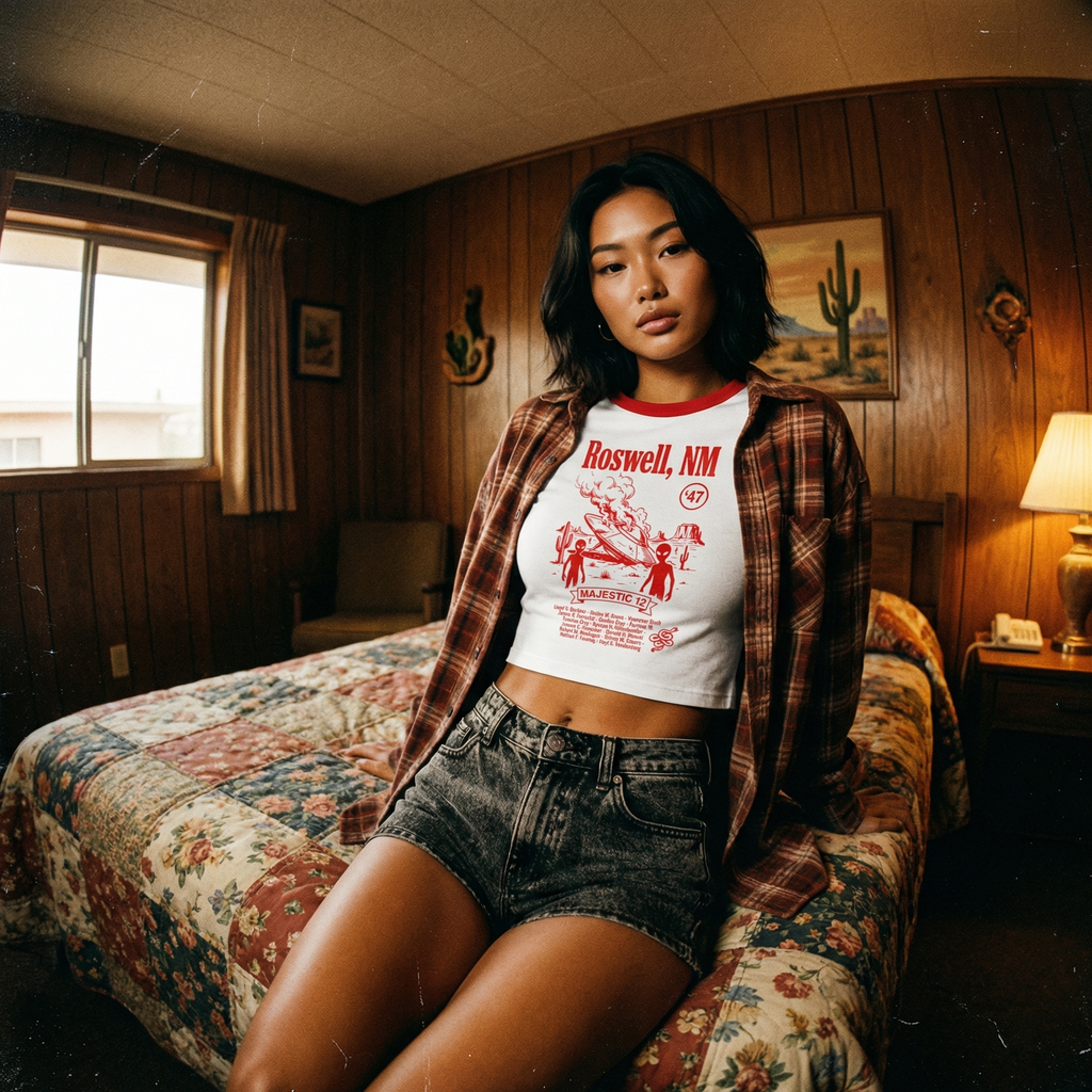 Roswell UFO Retro Flying Saucer Cropped Women's Ringer Tee | Alien Saucer Graphic Tee