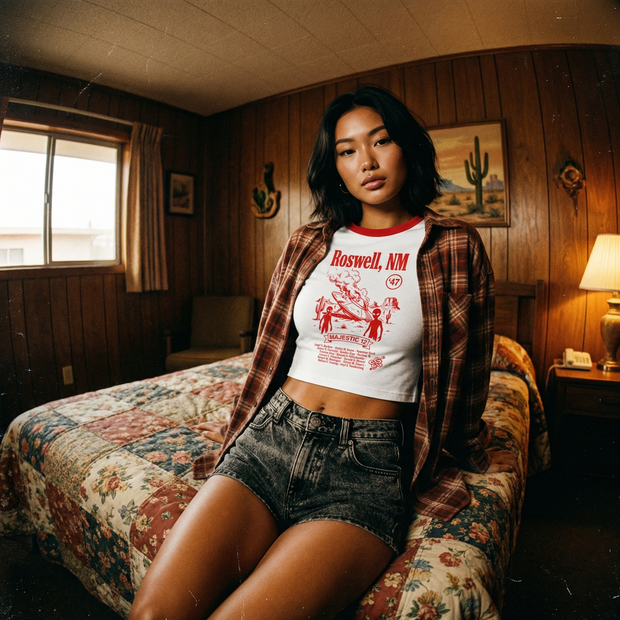 Roswell UFO Retro Flying Saucer Cropped Women's Ringer Tee | Alien Saucer Graphic Tee