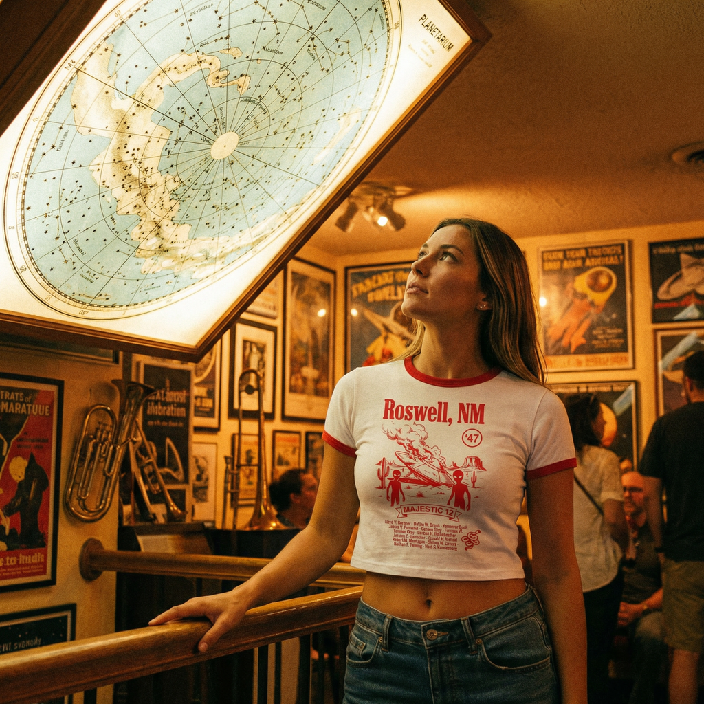 Roswell UFO Retro Flying Saucer Cropped Women's Ringer Tee | Alien Saucer Graphic Tee