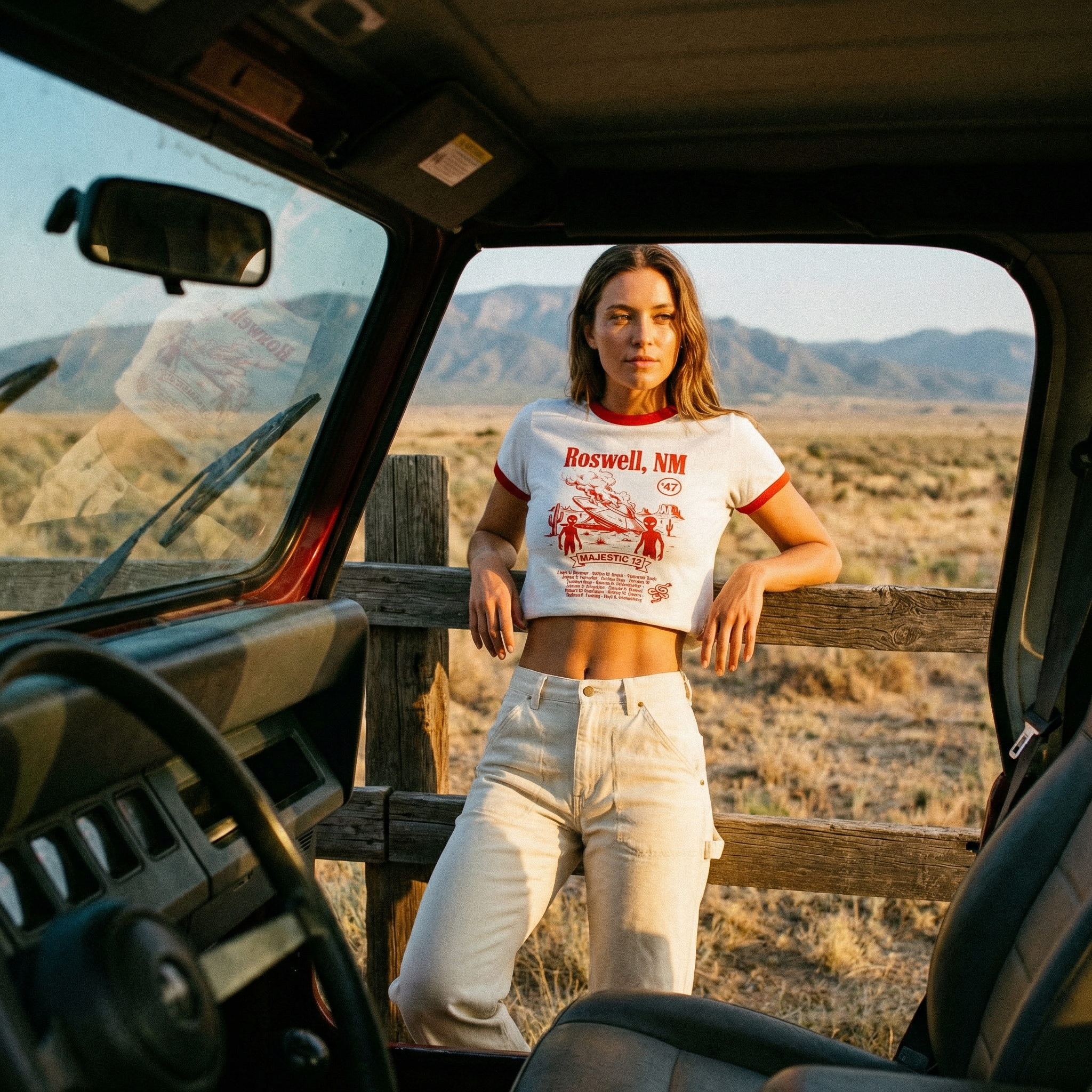 Roswell UFO Retro Flying Saucer Cropped Women's Ringer Tee | Alien Saucer Graphic Tee