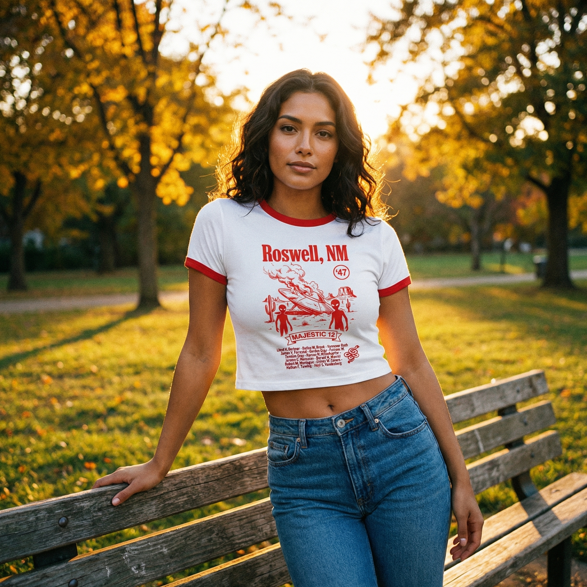 Roswell UFO Retro Flying Saucer Cropped Women's Ringer Tee | Alien Saucer Graphic Tee