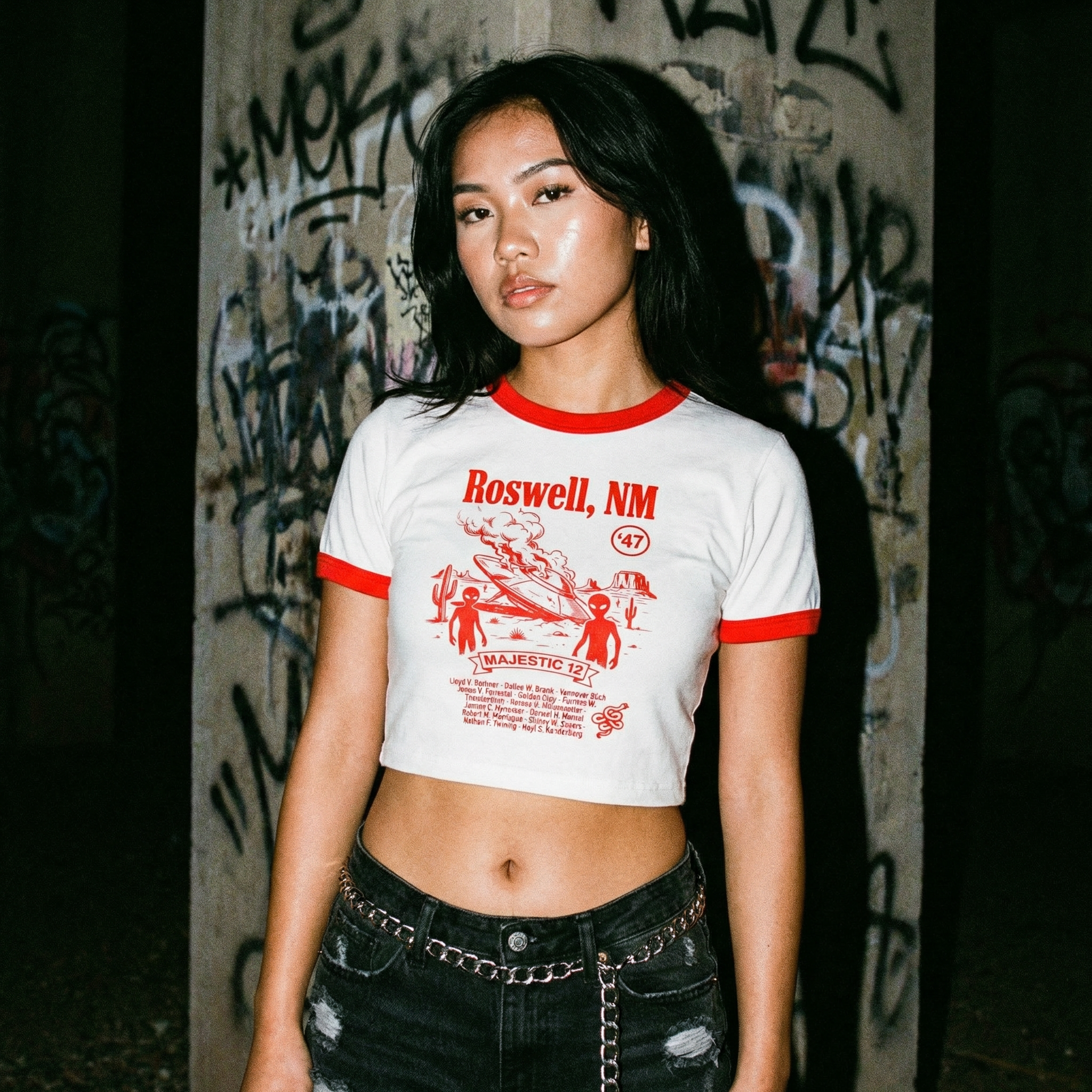 Roswell UFO Retro Flying Saucer Cropped Women's Ringer Tee | Alien Saucer Graphic Tee