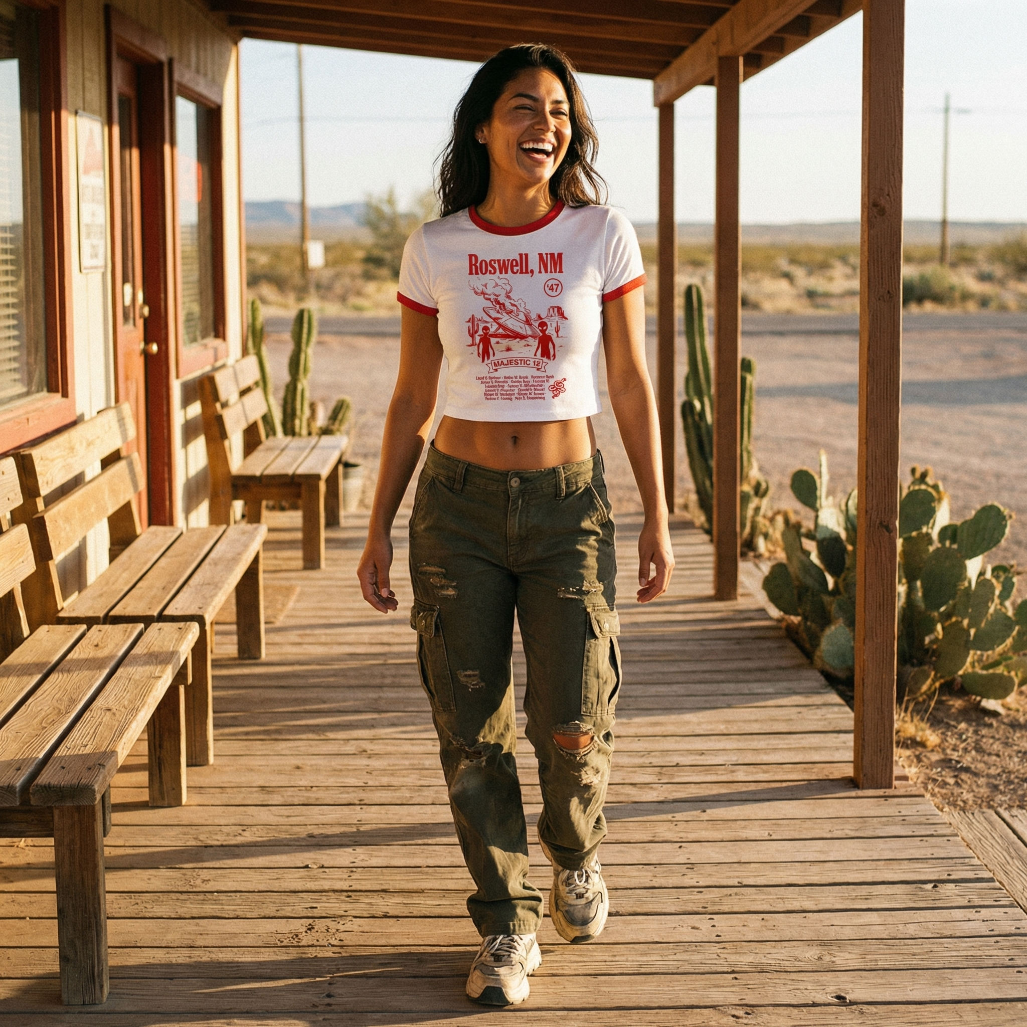 Roswell UFO Retro Flying Saucer Cropped Women's Ringer Tee | Alien Saucer Graphic Tee
