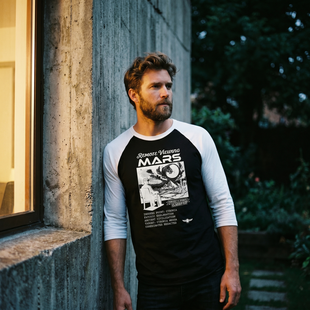 Remote Viewing Mars Raglan Shirt Retro Sci fi Three Quarter Sleeve Baseball Tee