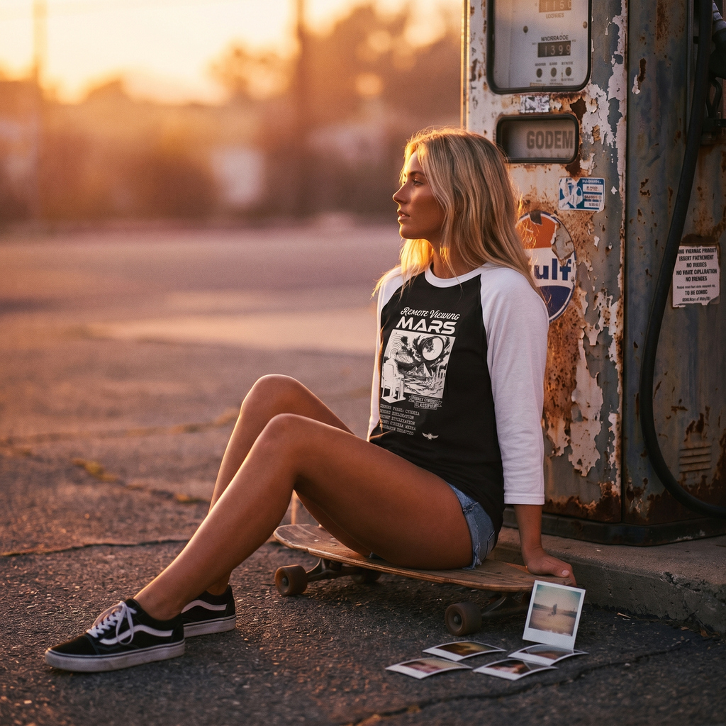Remote Viewing Mars Raglan Shirt Retro Sci fi Three Quarter Sleeve Baseball Tee
