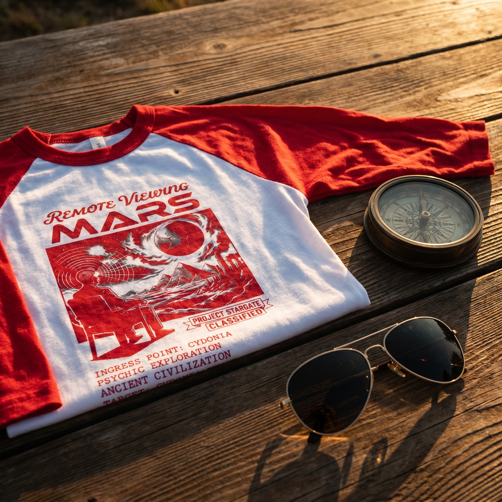 Remote Viewing Mars Raglan Shirt Retro Sci fi Three Quarter Sleeve Baseball Tee