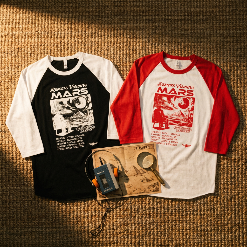 Remote Viewing Mars Raglan Shirt Retro Sci fi Three Quarter Sleeve Baseball Tee