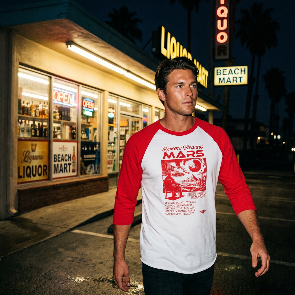 Remote Viewing Mars Raglan Shirt Retro Sci fi Three Quarter Sleeve Baseball Tee