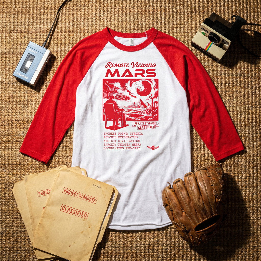 Remote Viewing Mars Raglan Shirt Retro Sci fi Three Quarter Sleeve Baseball Tee
