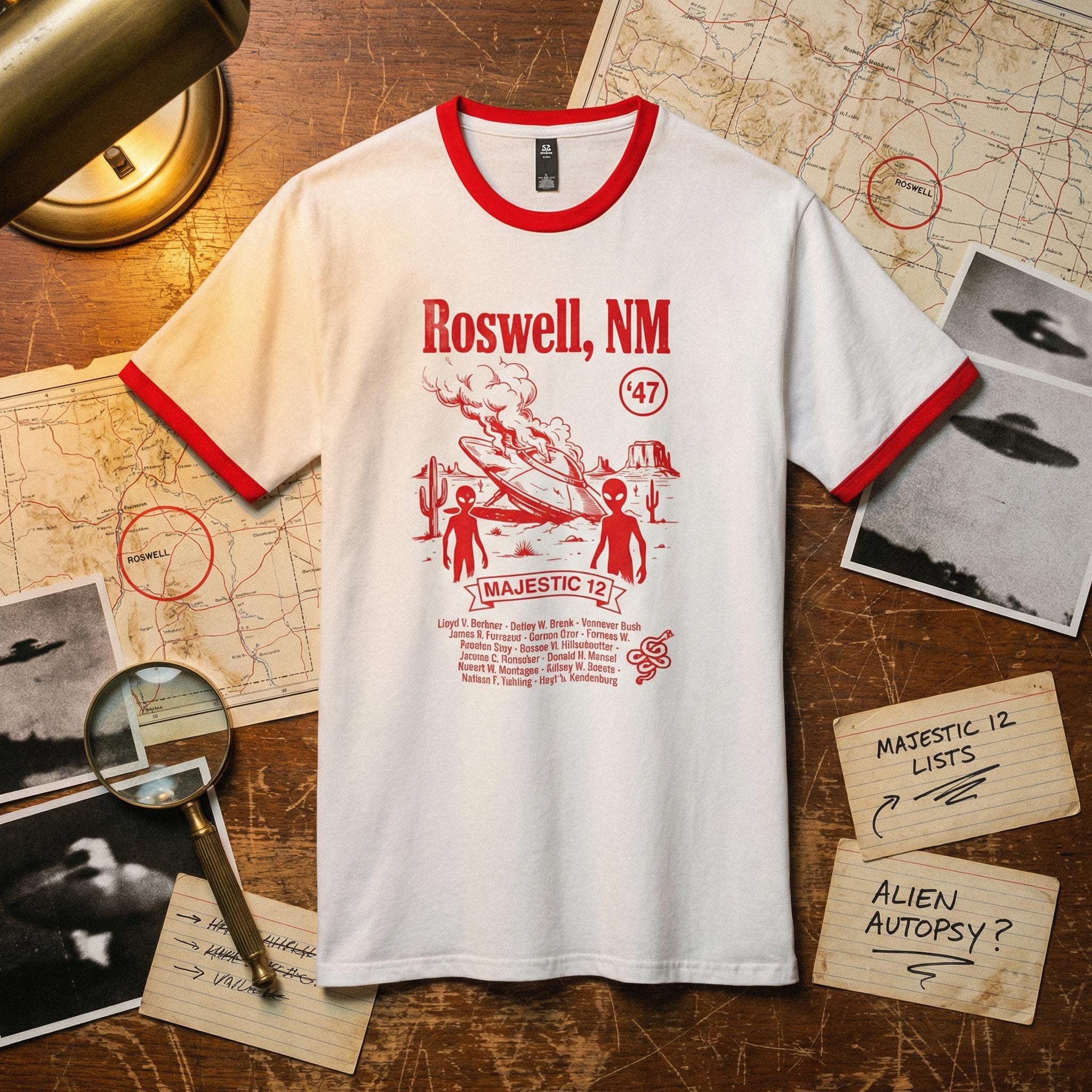 Roswell NM UFO crash ringer tee | Alien saucer graphic tee