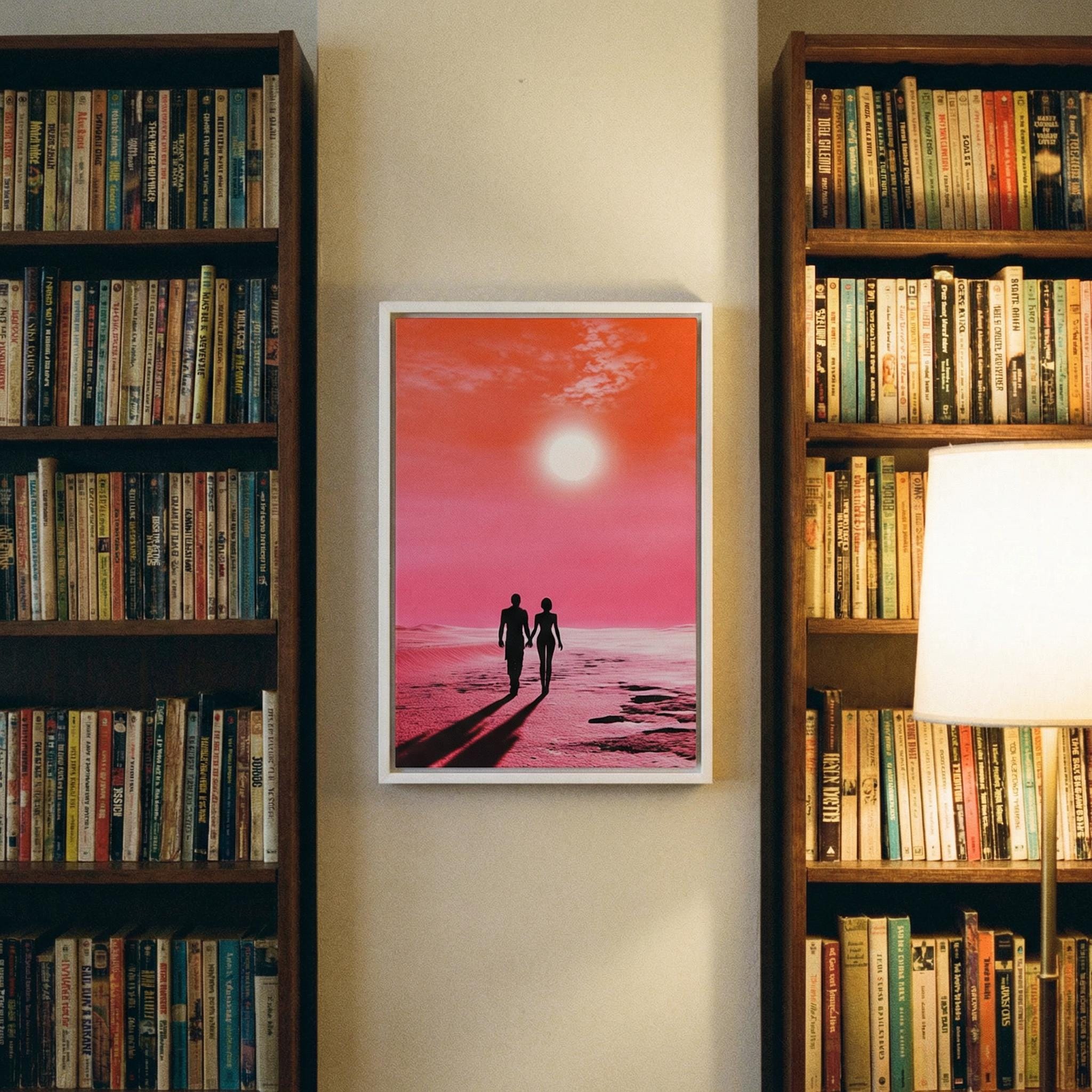 Sunset Stroll on the Crimson Sands Framed Canvas // Surreal Sci-Fi Romantic Art // Retro-Futuristic Wall Decor
