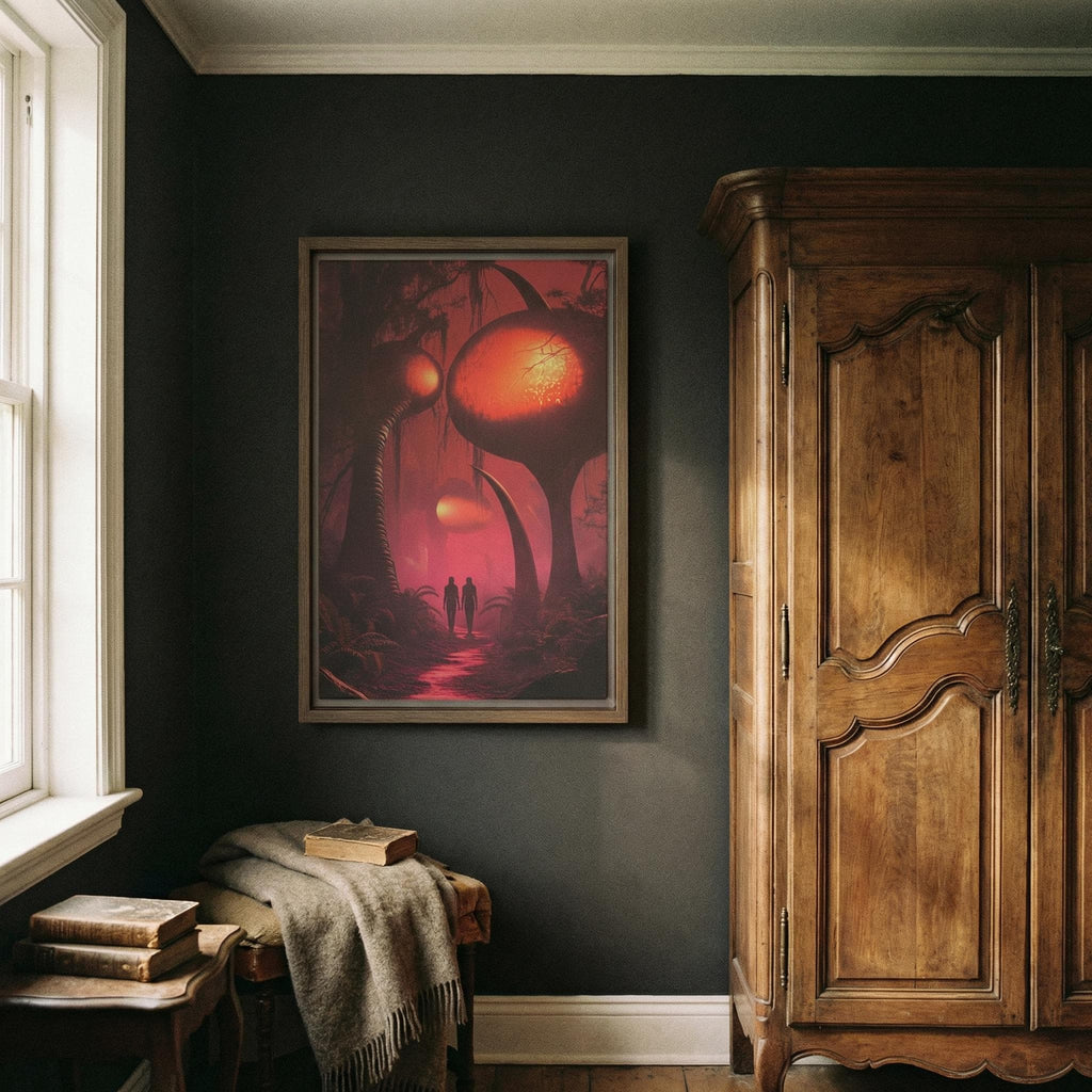 Path Through the Alien Wood Framed Canvas // Surreal Sci-Fi Nature Art // Ethereal Crimson Forest Wall Decor // Orbital Archive Series