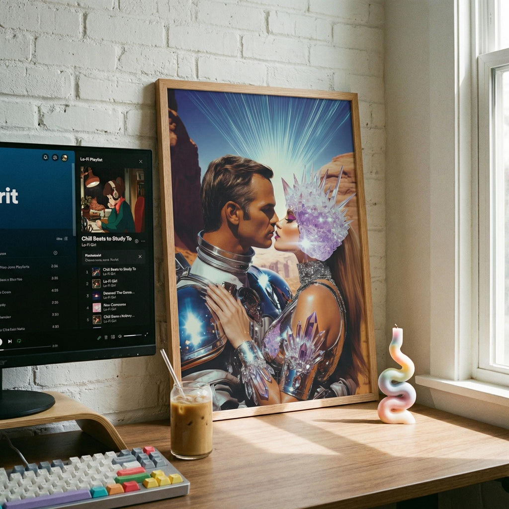 DIGITAL DOWNLOAD: Let Our Love Crystallize in Amethyst Valley – The Orbital Lovers Retro-Futurist Framed Print | Valentine’s Gift